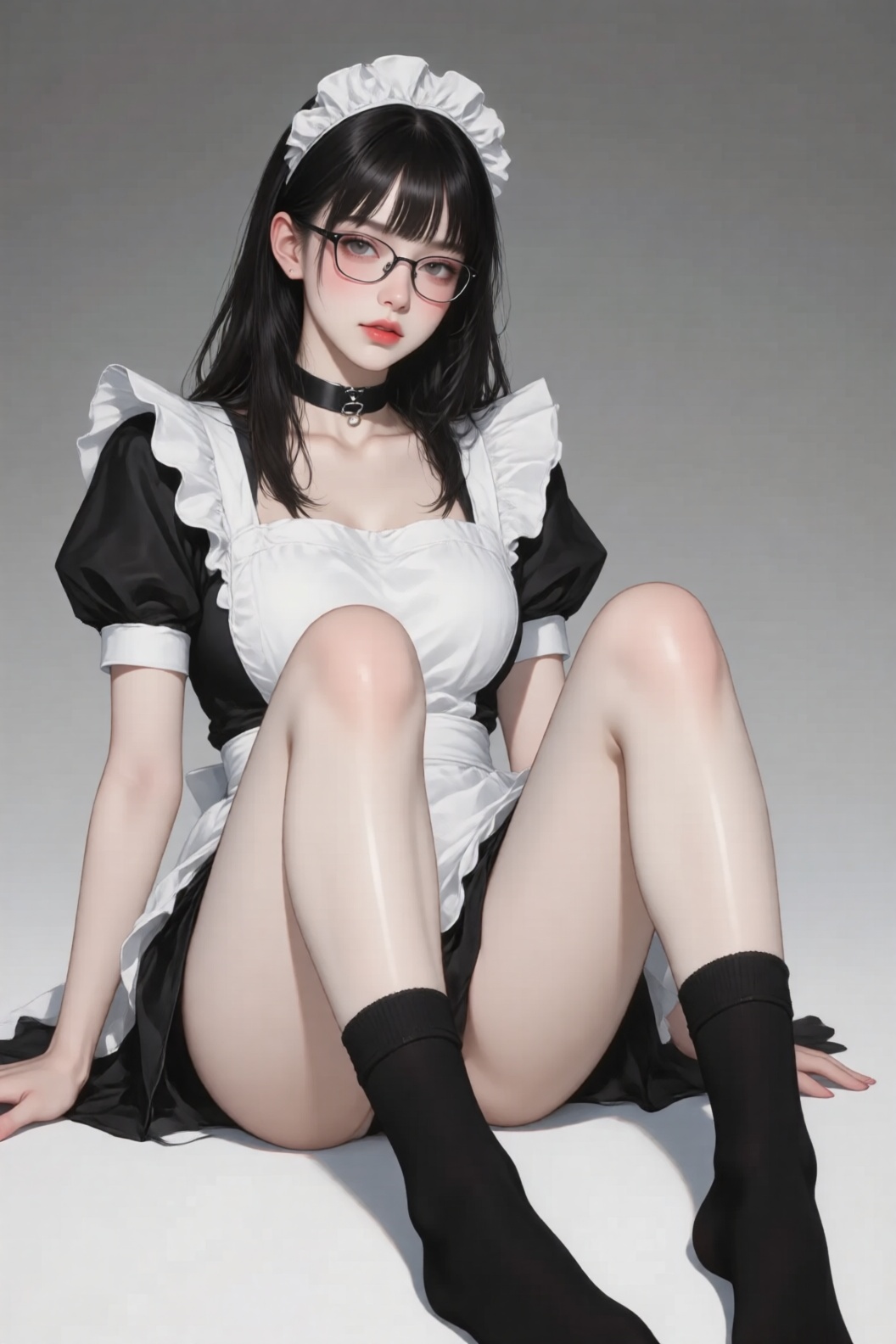 一位身着法国女仆装的年轻女子,  她皮肤白皙,  留着刘海的黑色长发 on Tensor.Art