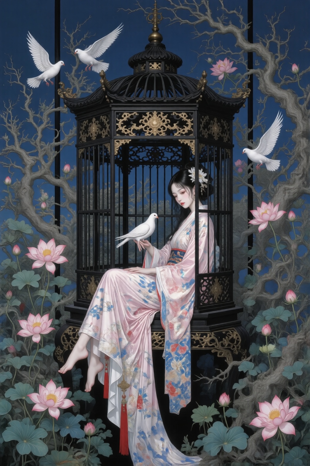 东方风格。一位年轻的亚洲女性,  皮肤苍白,  头发乌黑 on Tensor.Art