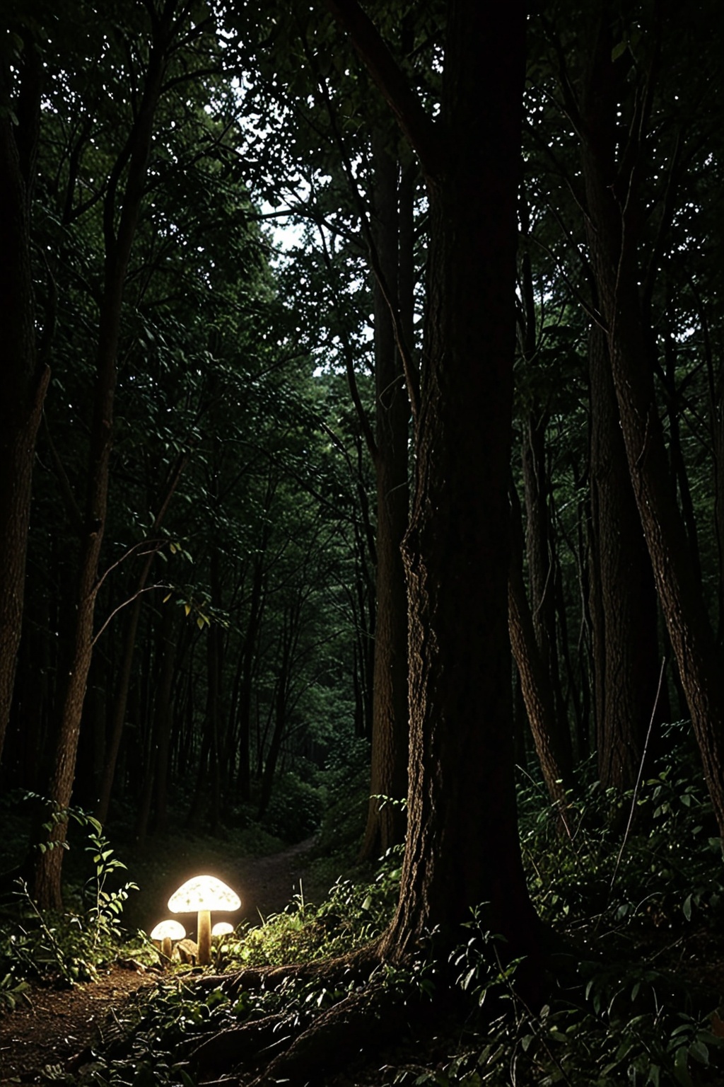 Create a nighttime forest scene where the dense canopy casts deep shadows,  and the moonlight filters through,  creating a...