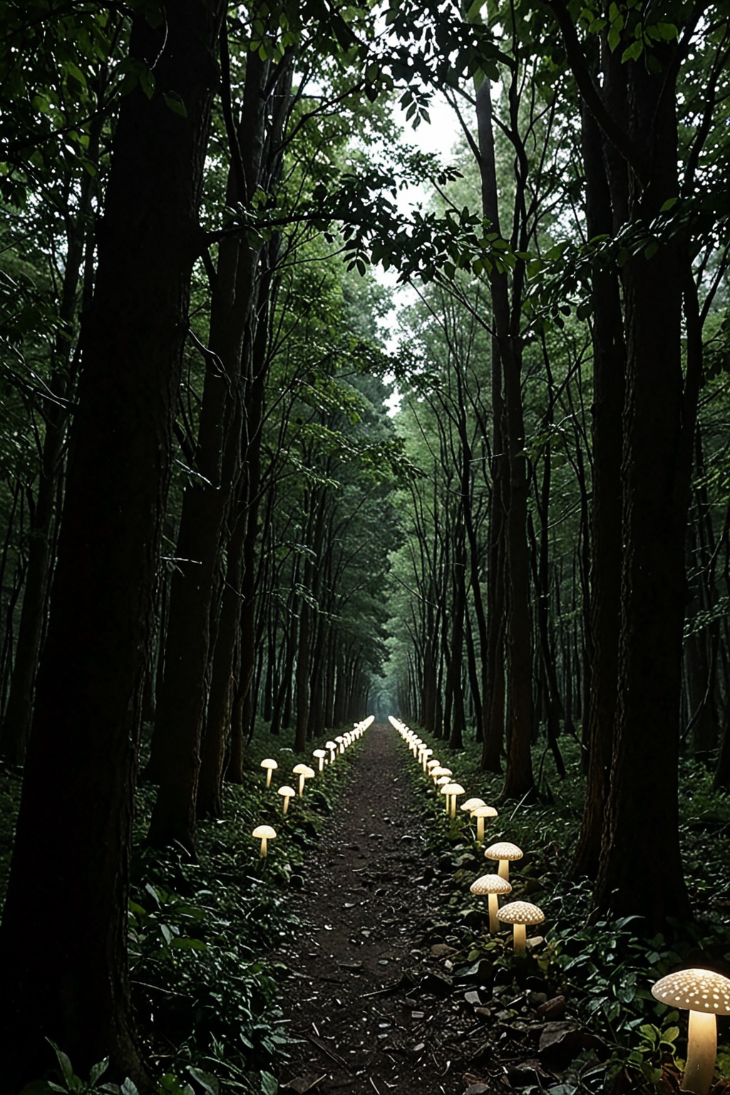 Create a nighttime forest scene where the dense canopy casts deep shadows,  and the moonlight filters through,  creating a...