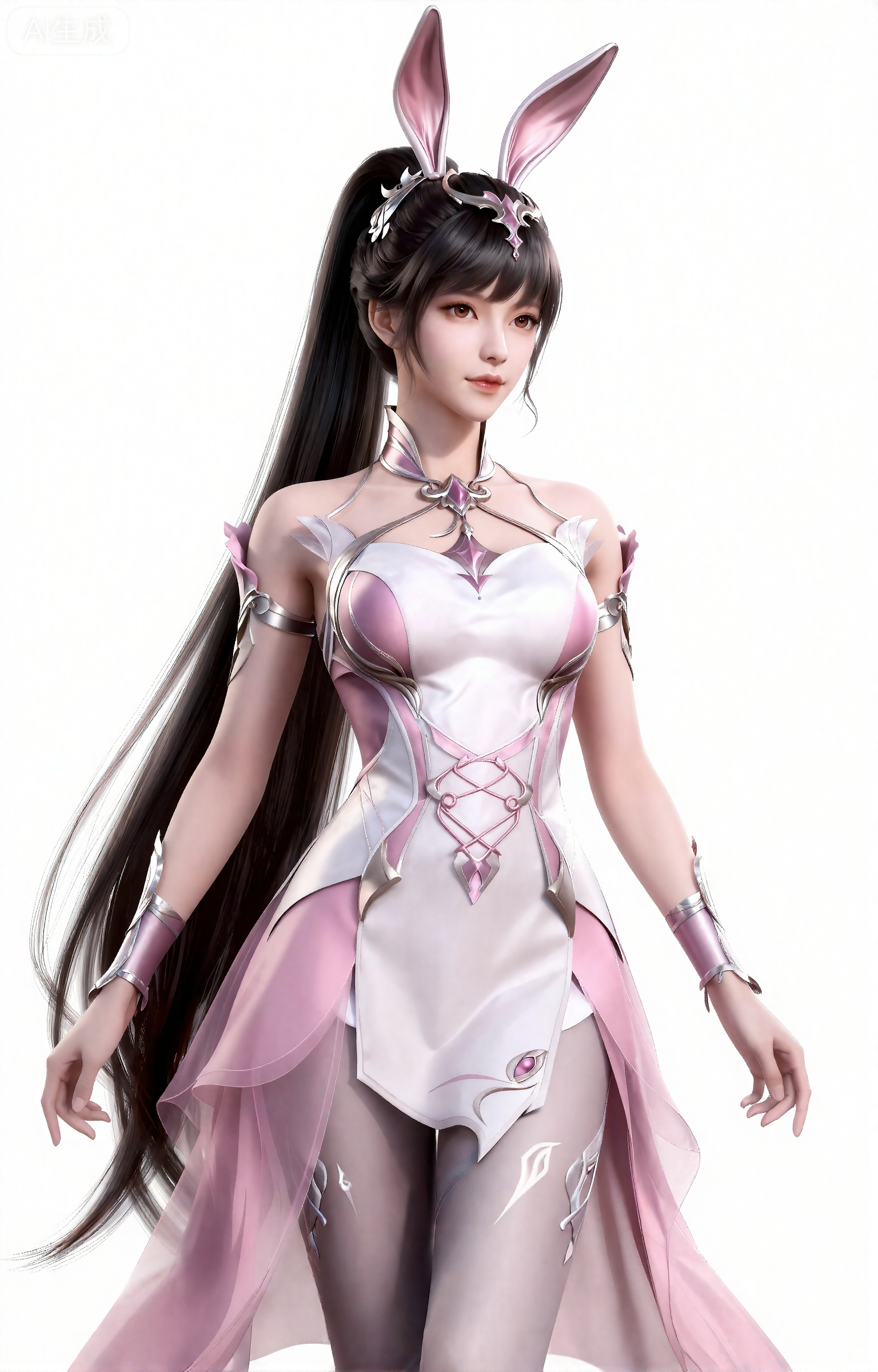 xiaowu,
这是一幅半身图,图中是一名幻想中的女性人物,2.5D,
黑色头发,长发,高马尾,超长发,白皙的皮肤,兔子耳饰,连衣裙,粉色和白色交织的精美连衣裙包裹着丰满的胸部,连衣裙是系带式的和有着透明的粉色裙摆,手臂上装饰有粉色和银色交织的精美护腕,,摆出一个优雅的姿势。