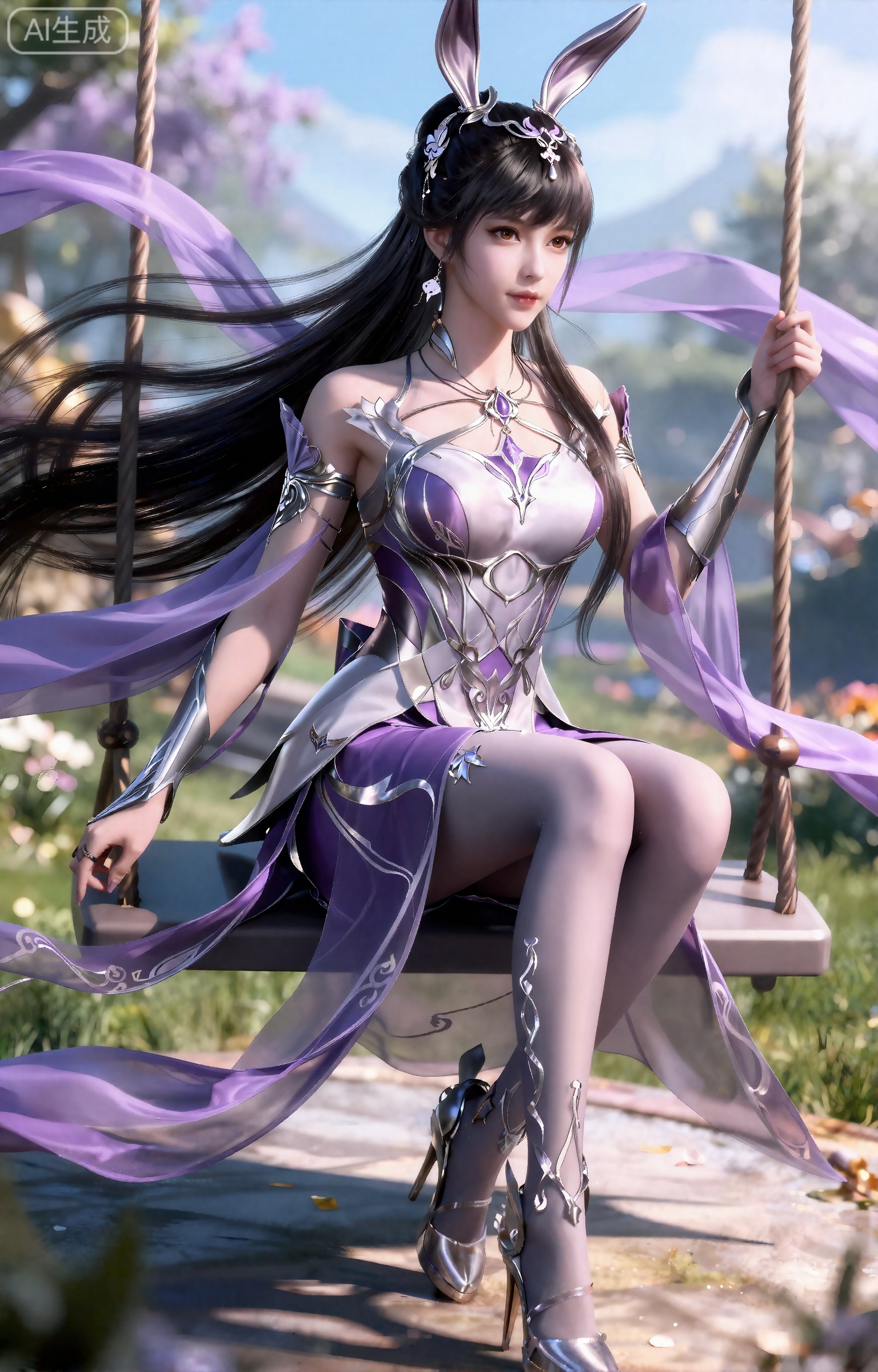 xiaowu,
这幅数字艺术作品生动地刻画了一位幻想中的女性人物,她美丽而迷人,佩戴着兔子形状的耳饰。她那黑色的长发如瀑布般垂落,几缕发丝在阳光的照耀下闪烁着光芒。棕色的眼眸深邃而神秘,白皙的肌肤如瓷器般细腻。

她身着一套精致的银色和紫色金属盔甲,上衣是细带的款式,护臂坚固而华丽,裙摆上装饰着复杂而精美的图案。半透明的紫色面料轻盈地环绕在她身上,随风流动,为整个画面增添了一种动感的优雅。

她穿着高跟鞋,坐在秋千上,背景是一片梦幻般的花园。
