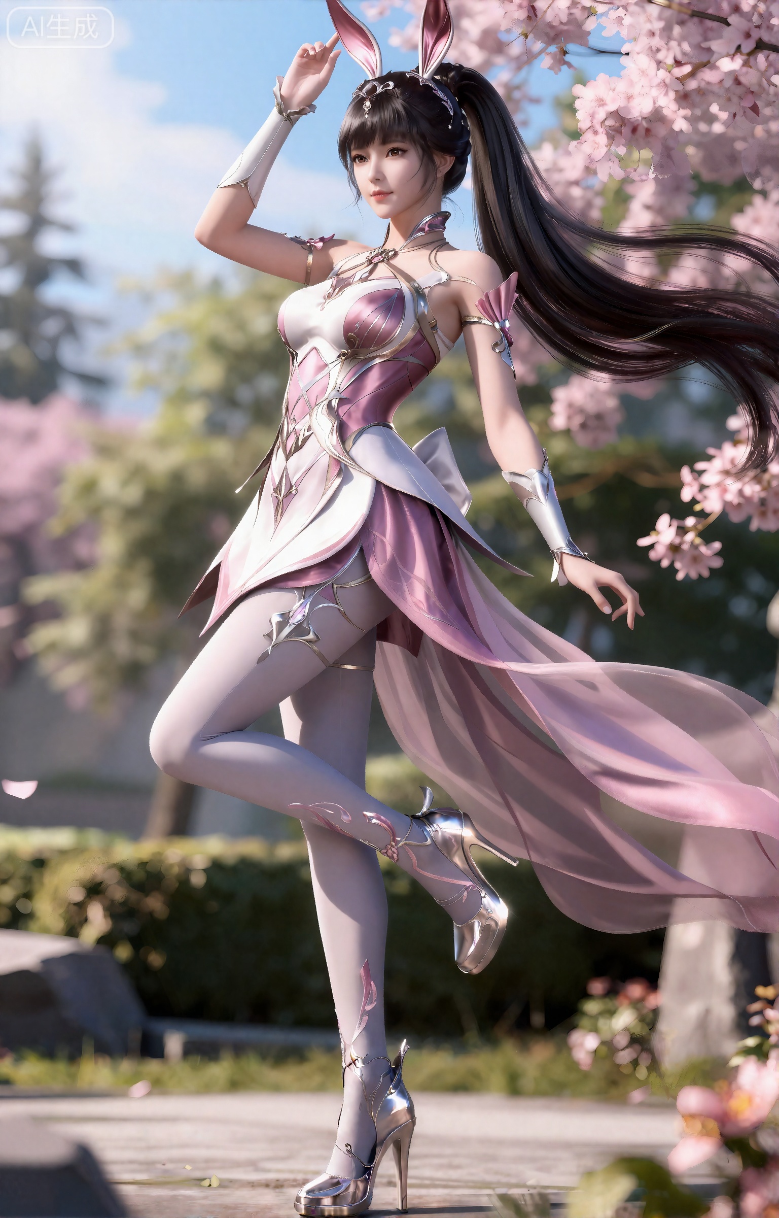 xiaowu,幻想中的女性人物,2.5D,
黑色头发,长发,高马尾,超长发,白皙的皮肤,兔子耳饰,连衣裙,粉色和白色交织的精美连衣裙包裹着丰满的胸部,连衣裙是系带式的和有着透明的粉色裙摆,手臂上装饰有粉色和银色交织的精美护腕,白丝裤袜,银色的高跟鞋在阳光下折射出耀眼的光芒,她在站地上,做出一个性格的翘腿姿势,白天,鲜花,风吹动头发,从下往上看。
