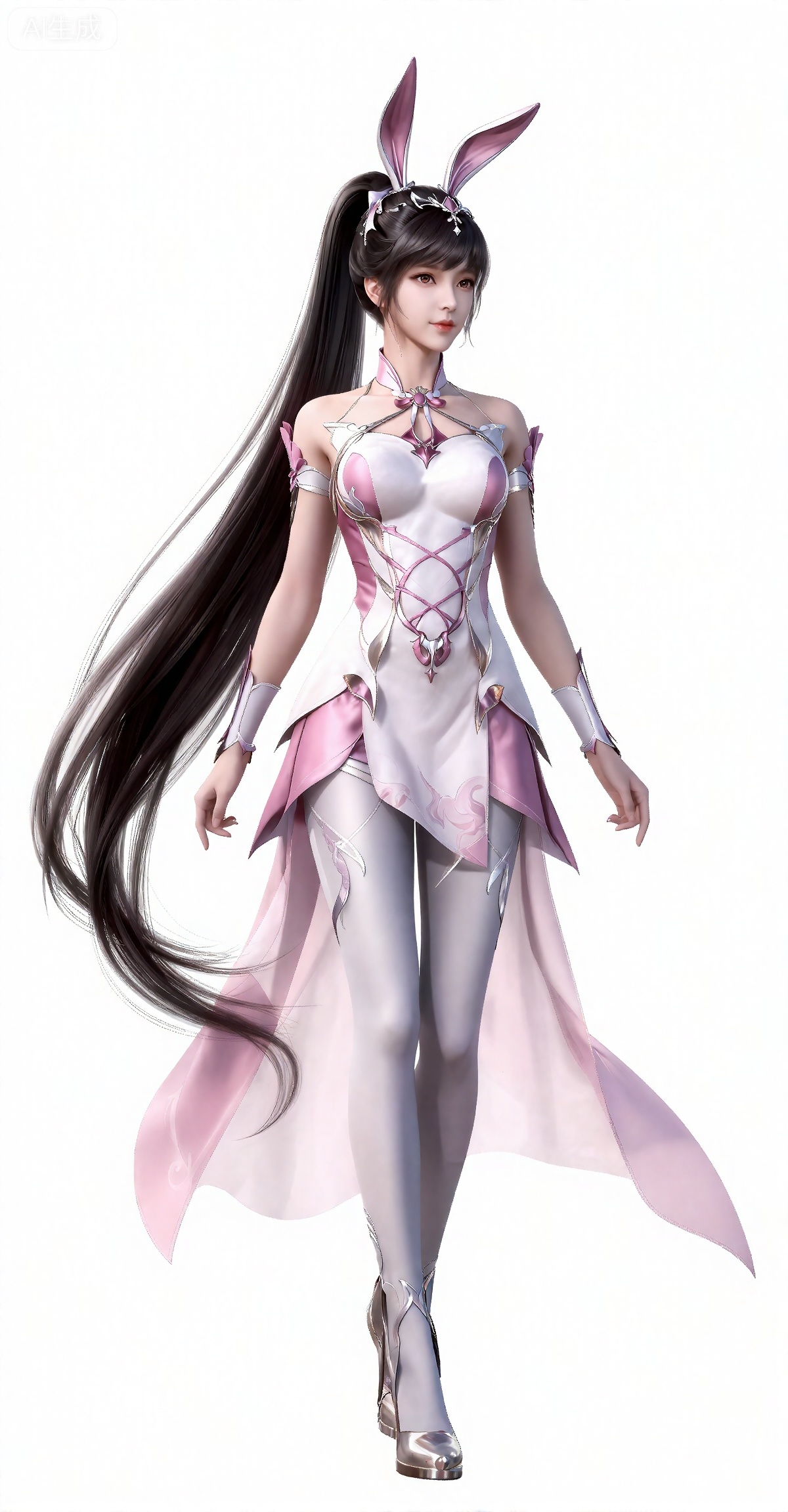 xiaowu,一个幻想中的女性角色的插画,插画的风格非常详细和逼真。
 黑色头发,长发,高马尾,超长发,白皙的皮肤,兔子耳饰,连衣裙,粉色和白色交织的精美连衣裙包裹着丰满的胸部,连衣裙是系带式的和有着透明的粉色裙摆,手臂上装饰有粉色和银色交织的精美护腕,全身图,白丝裤袜,高跟鞋,站立。