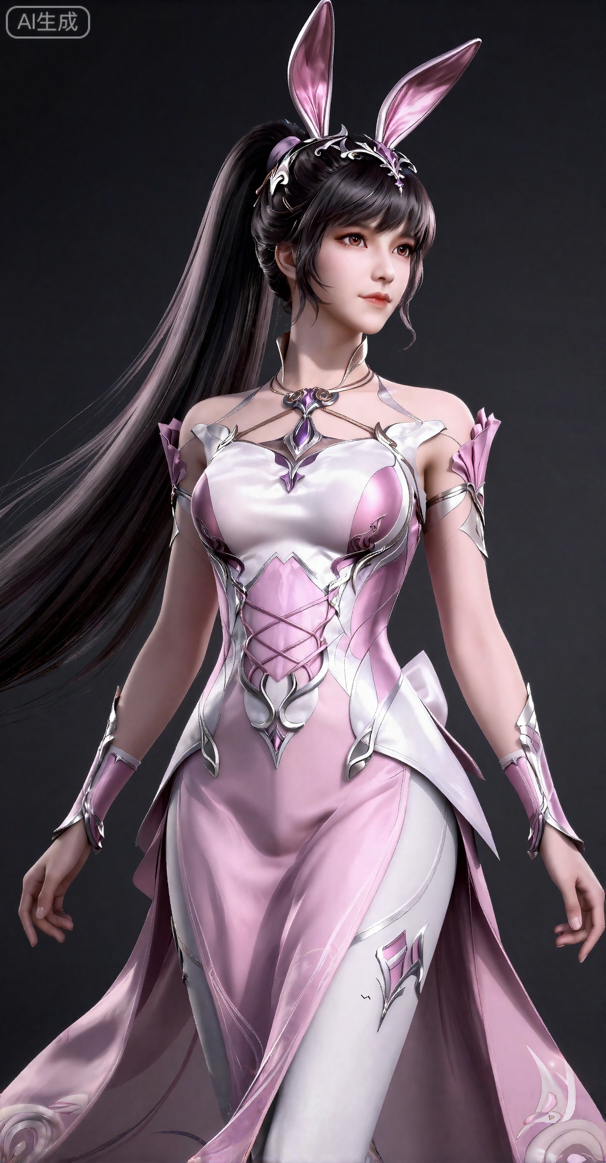 千仞雪,qianrenxue,一个幻想中的女性角色的插画,插画的风格非常详细和逼真。
 黑色头发,长发,高马尾,超长发,白皙的皮肤,兔子耳饰,连衣裙,粉色和白色交织的精美连衣裙包裹着丰满的胸部,连衣裙是系带式的和有着透明的粉色裙摆,手臂上装饰有粉色和银色交织的精美护腕,半身图。