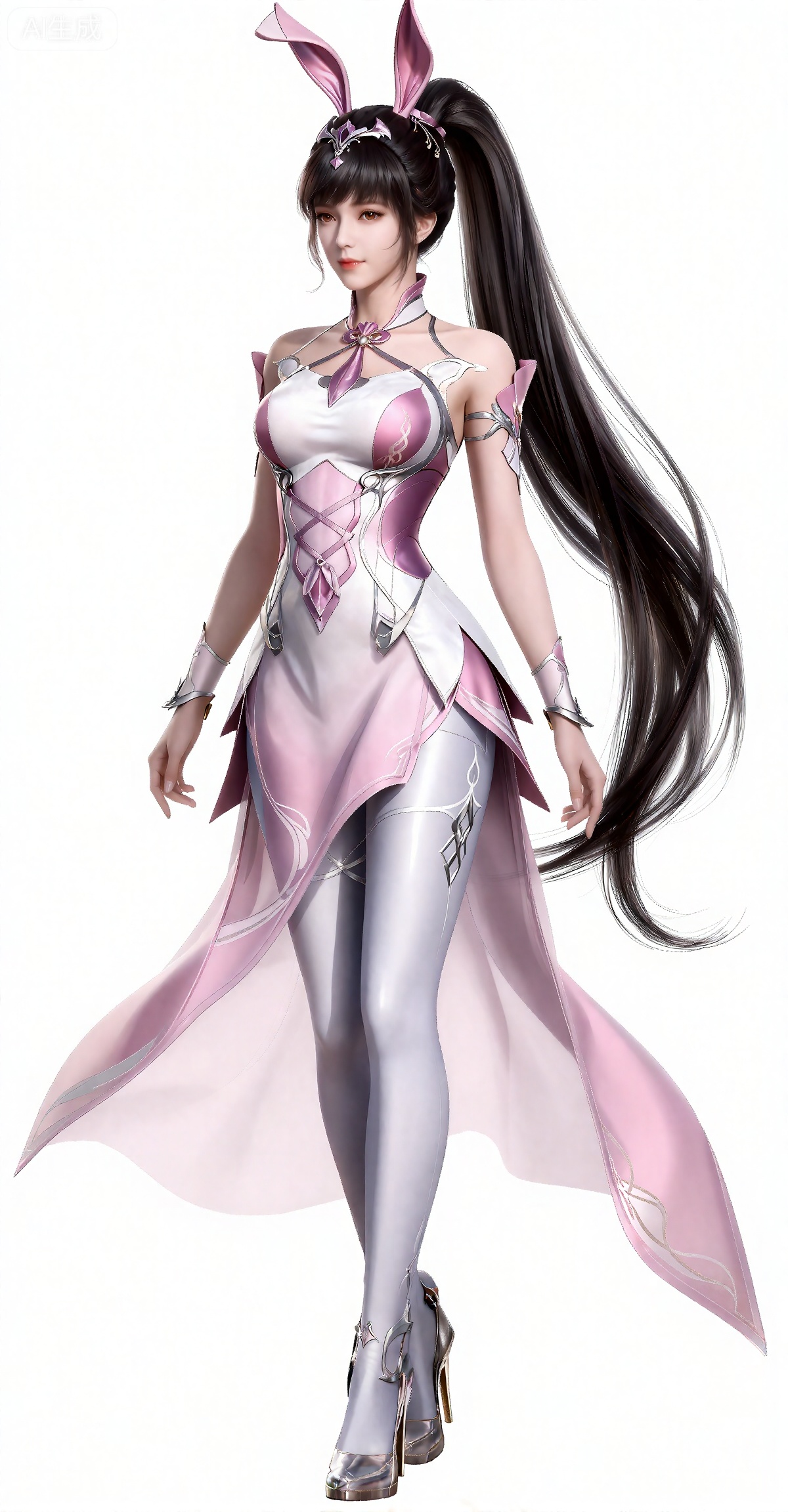 xiaowu,一个幻想中的女性角色的插画,插画的风格非常详细和逼真。
 黑色头发,长发,高马尾,超长发,白皙的皮肤,兔子耳饰,连衣裙,粉色和白色交织的精美连衣裙包裹着丰满的胸部,连衣裙是系带式的和有着透明的粉色裙摆,手臂上装饰有粉色和银色交织的精美护腕,全身图,白丝裤袜,高跟鞋,站立。