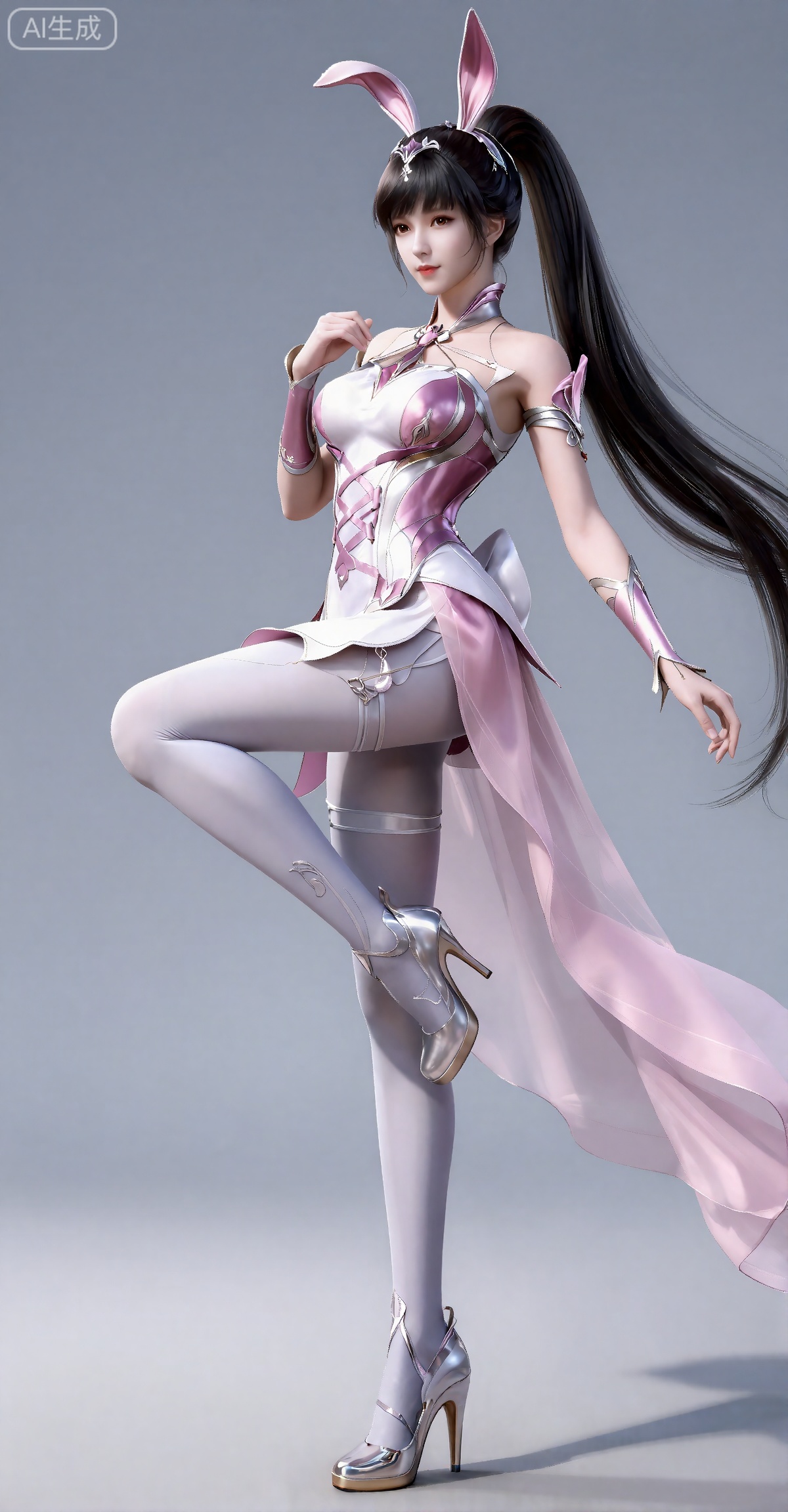 xiaowu,一个幻想中的女性角色的插画,插画的风格非常详细和逼真。
 黑色头发,长发,高马尾,超长发,白皙的皮肤,兔子耳饰,连衣裙,粉色和白色交织的精美连衣裙包裹着丰满的胸部,连衣裙是系带式的和有着透明的粉色裙摆,手臂上装饰有粉色和银色交织的精美护腕,全身图,白丝裤袜,高跟鞋,她站在地上,一只脚支撑身体,另一只脚抬起,做出踢腿的动作。