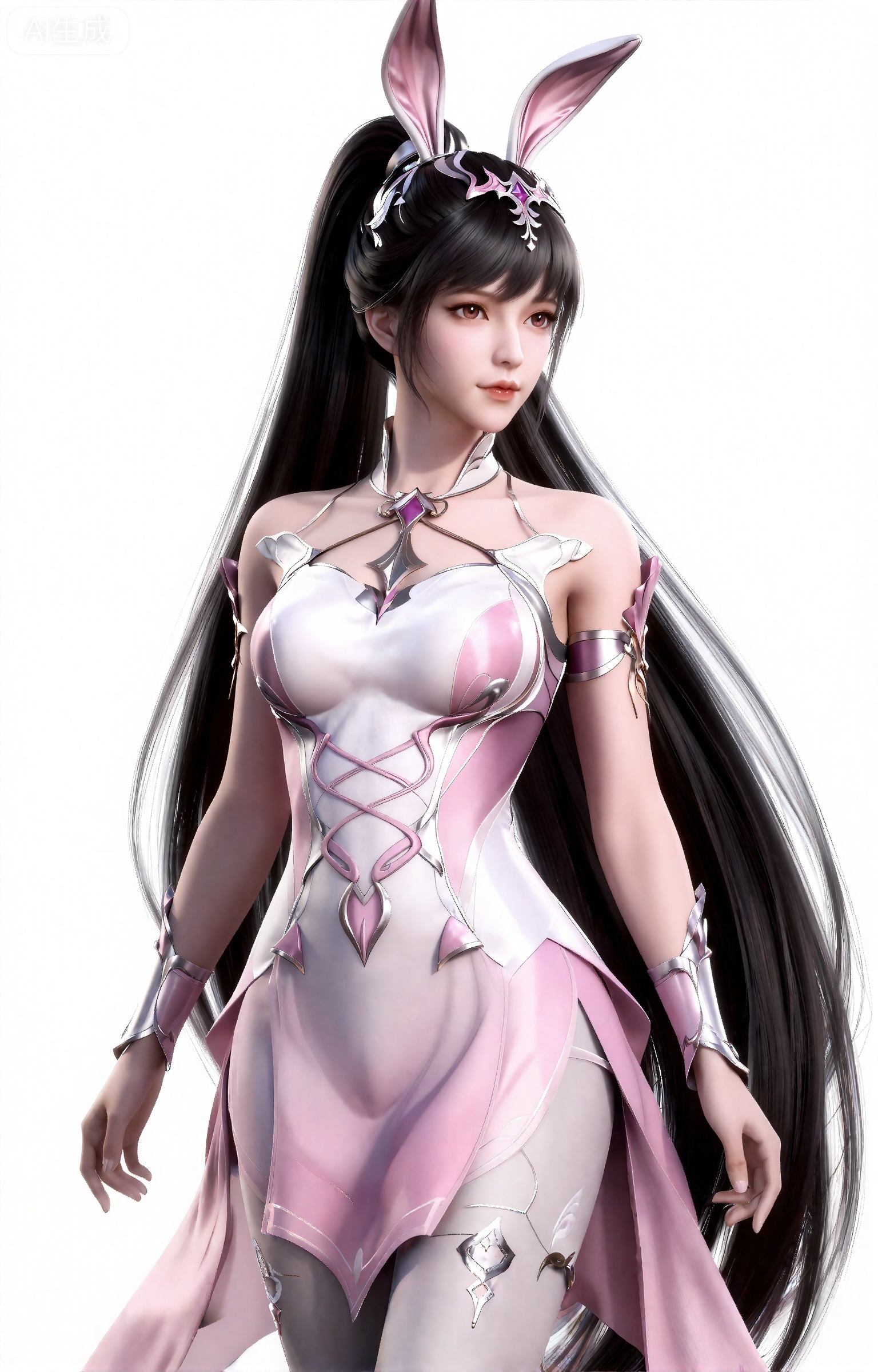 xiaowu,
这是一幅半身图,图中是一名幻想中的女性人物,2.5D,
黑色头发,长发,高马尾,超长发,白皙的皮肤,兔子耳饰,连衣裙,粉色和白色交织的精美连衣裙包裹着丰满的胸部,连衣裙是系带式的和有着透明的粉色裙摆,手臂上装饰有粉色和银色交织的精美护腕,