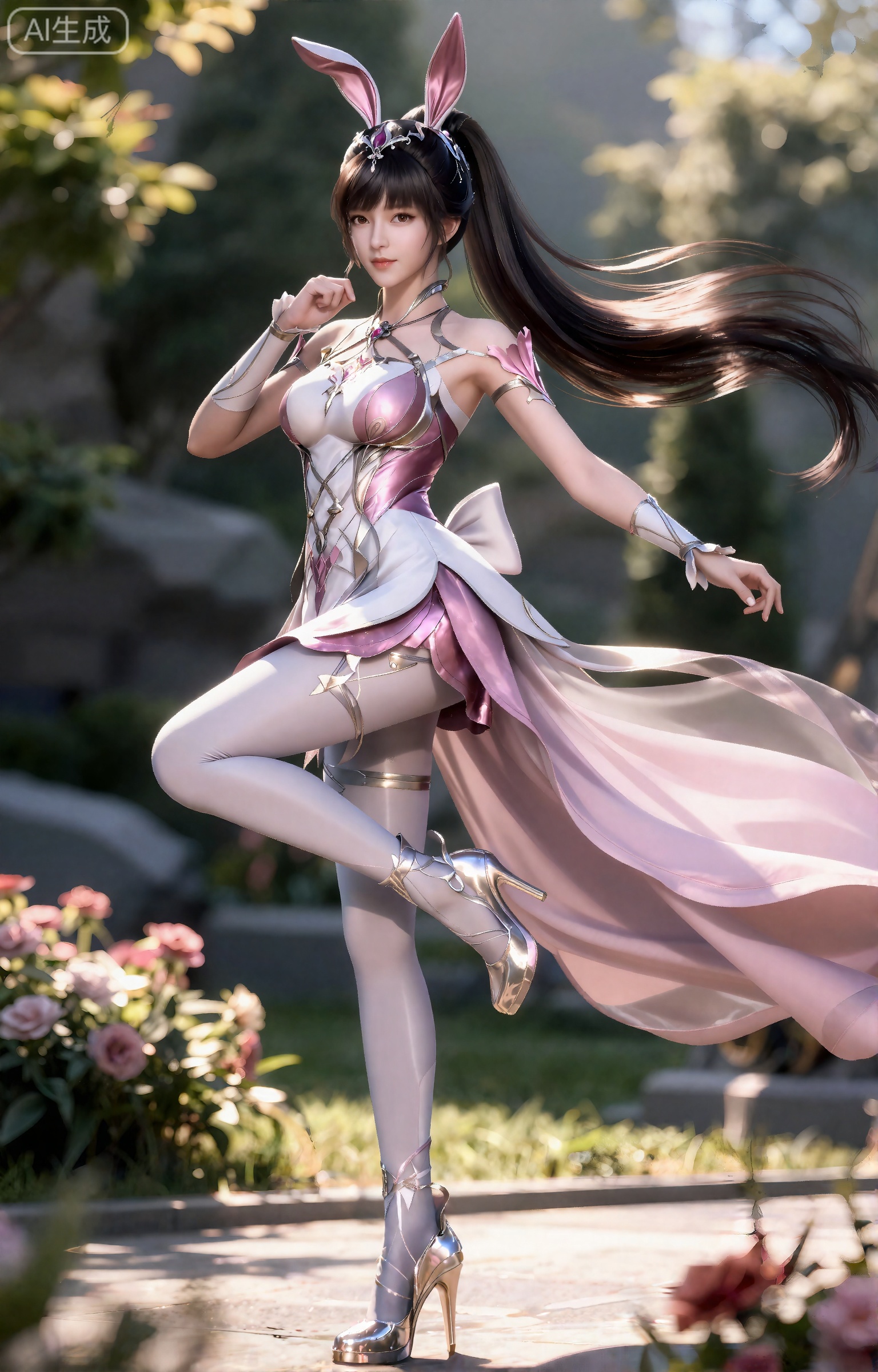 xiaowu,幻想中的女性人物,2.5D,
黑色头发,长发,高马尾,超长发,白皙的皮肤,兔子耳饰,连衣裙,粉色和白色交织的精美连衣裙包裹着丰满的胸部,连衣裙是系带式的和有着透明的粉色裙摆,手臂上装饰有粉色和银色交织的精美护腕,白丝裤袜,银色的高跟鞋在阳光下折射出耀眼的光芒,她在站地上,做出一个踢腿的姿势,,白天,鲜花,风吹动头发,
