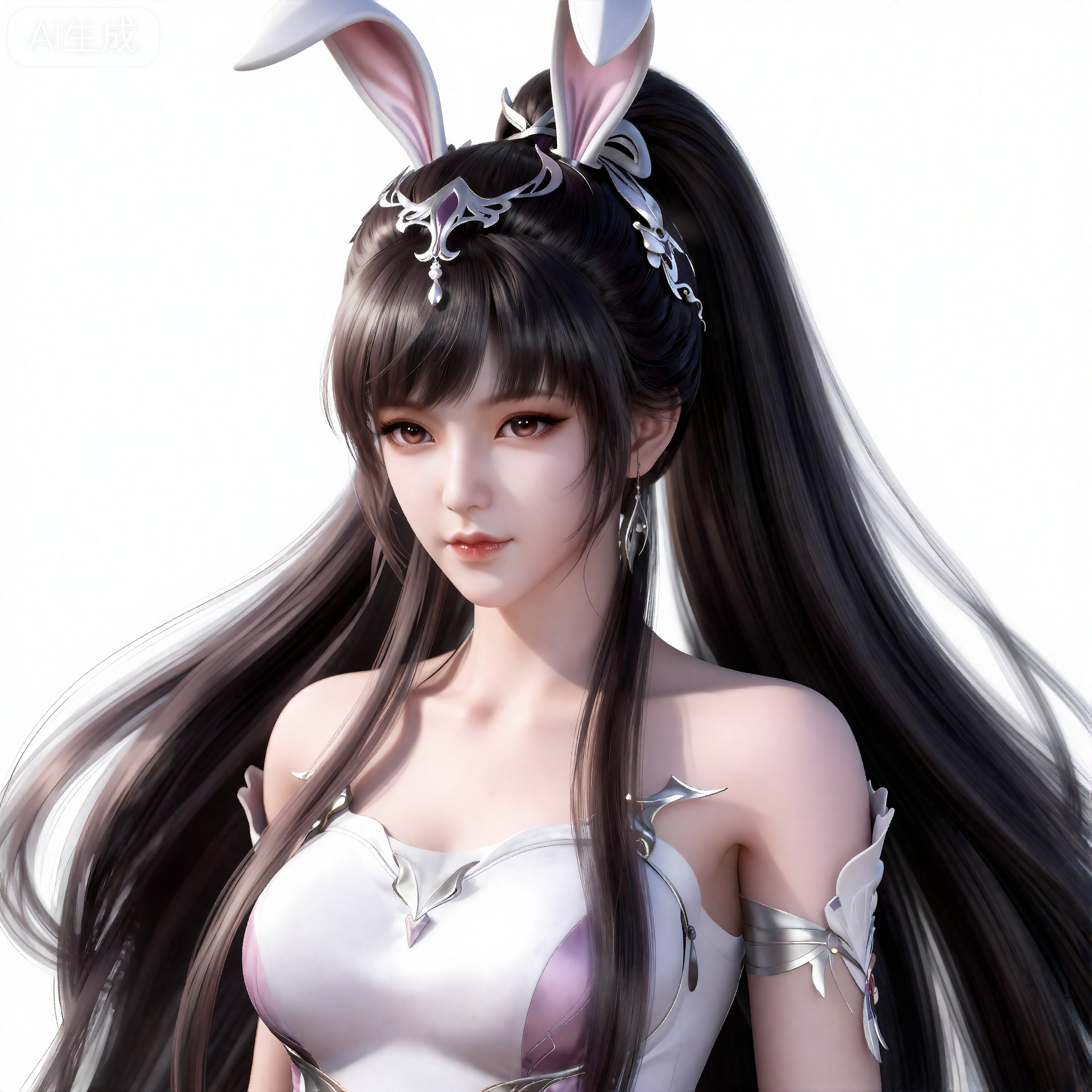 xiaowu,一个幻想中的女性角色的插画,插画的风格非常详细和逼真。
 黑色头发,长发,高马尾,超长发,精美的发饰,兔子耳饰,肌肤胜雪,白里透红,半身图,正面视角。