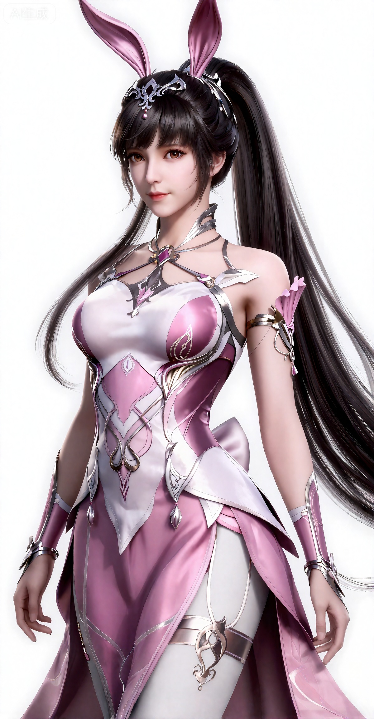 千仞雪,qianrenxue,一个幻想中的女性角色的插画,插画的风格非常详细和逼真。
 黑色头发,长发,高马尾,超长发,白皙的皮肤,兔子耳饰,连衣裙,粉色和白色交织的精美连衣裙包裹着丰满的胸部,连衣裙是系带式的和有着透明的粉色裙摆,手臂上装饰有粉色和银色交织的精美护腕,半身图。