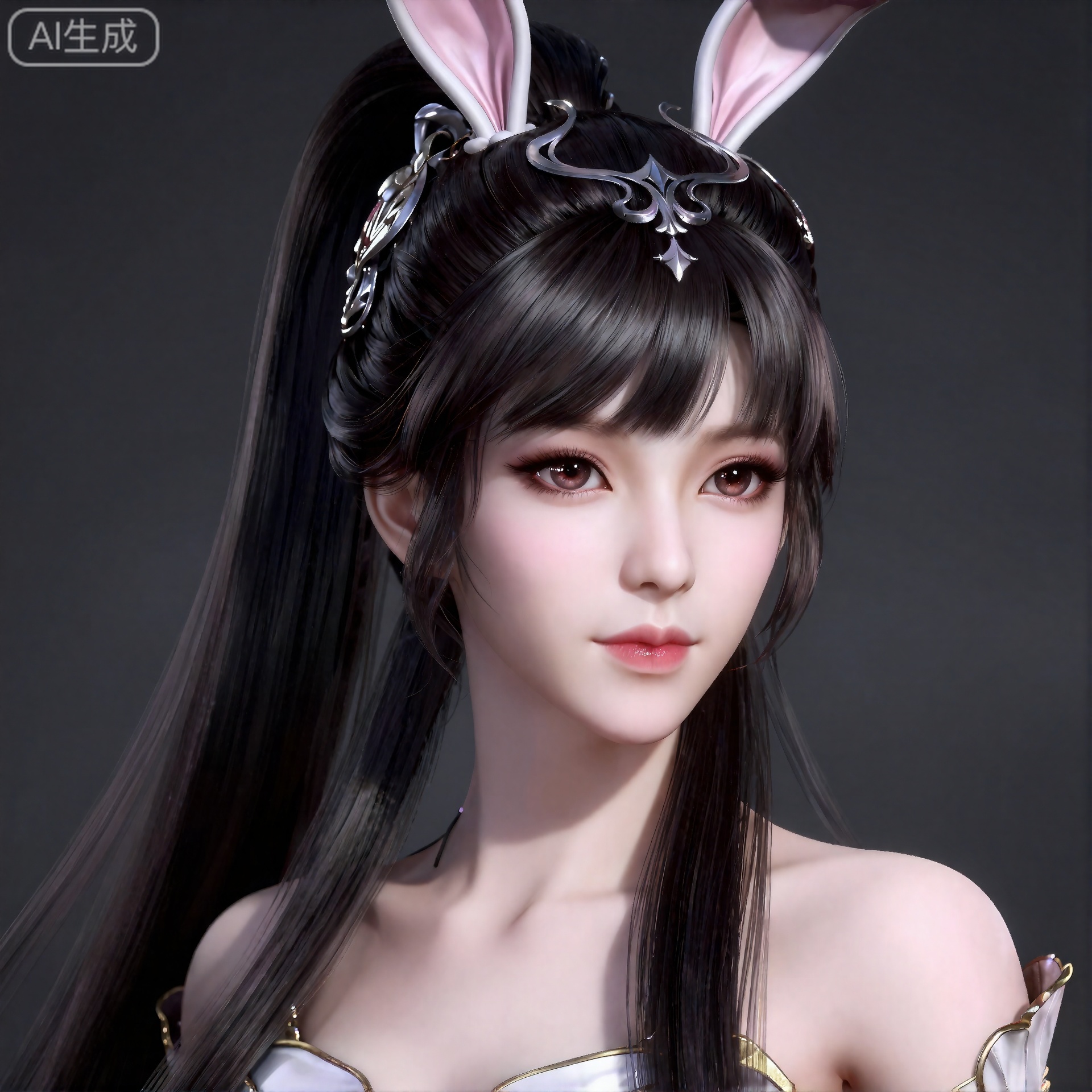 xiaowu,一个幻想中的女性角色的插画,插画的风格非常详细和逼真。
 黑色头发,长发,高马尾,超长发,精美的发饰,棕色的眼睛,兔子耳饰,肌肤胜雪,画着淡妆,浅粉色的口红,浅粉色的眼影,眼影闪烁着,白里透红,半身图,正面视角。