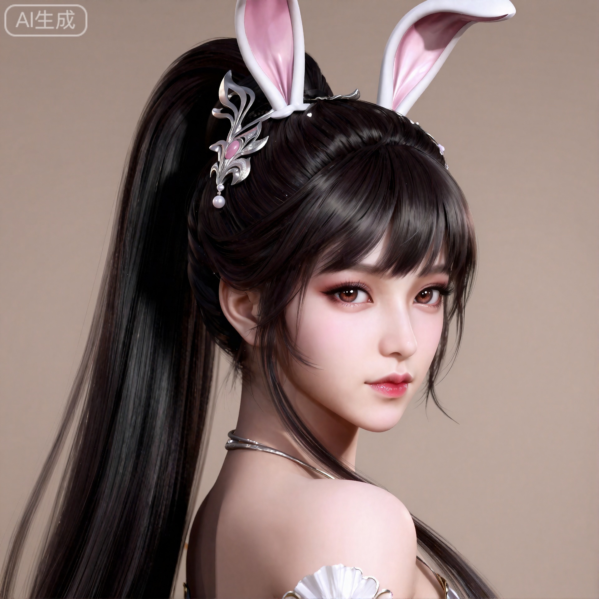xiaowu,一个幻想中的女性角色的插画,插画的风格非常详细和逼真。
 黑色头发,长发,高马尾,超长发,精美的发饰,棕色的眼睛,兔子耳饰,肌肤胜雪,画着淡妆,浅粉色的口红,浅粉色的眼影,眼影闪烁着,白里透红,半身图,正面视角。