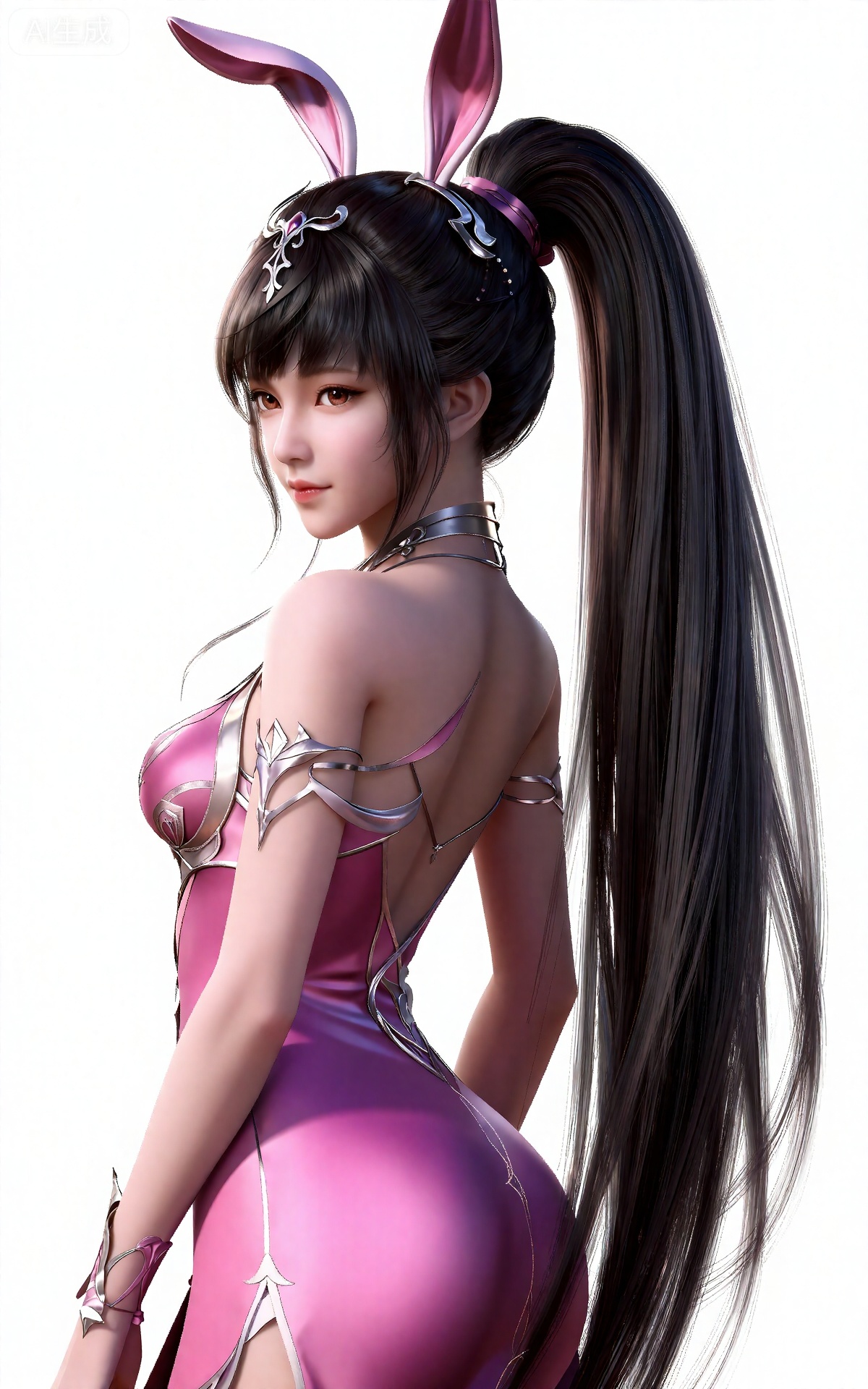 xiaowu,一个幻想中的女性角色的插画,插画的风格非常详细和逼真。
 黑色头发,长发,高马尾,超长发,白皙的皮肤,兔子耳饰,粉色连衣裙,半身图。