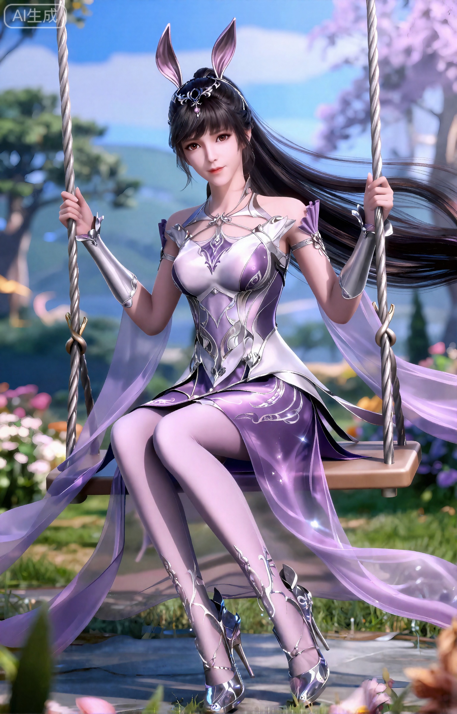 xiaowu,2.5D
在那个梦幻般的花园背景下,一位美丽的女性静静坐在秋千上。她那黑色的长发如瀑布般垂下,高高的马尾展现着青春的活力,超长的发丝在微风中轻轻飘扬。棕色眼眸如湖水般深邃,白皙的肌肤如凝脂般细腻。她身着精致的银色和紫色金属盔甲,上衣采用细带设计,既展现出女性的柔美,又不失战士的英气。护臂坚固而华丽,裙摆上装饰着复杂而精美的图案,闪烁着神秘的光芒。半透明的紫色面料轻盈地环绕在她身上,随风飘动,更添几分仙气。脚上的银色高跟鞋精致而优雅,与整体装束相得益彰。整个画面如梦如幻,仿佛是从童话世界中走出的一般,让人不自觉地沉醉在这份美丽与神秘的氛围之中。