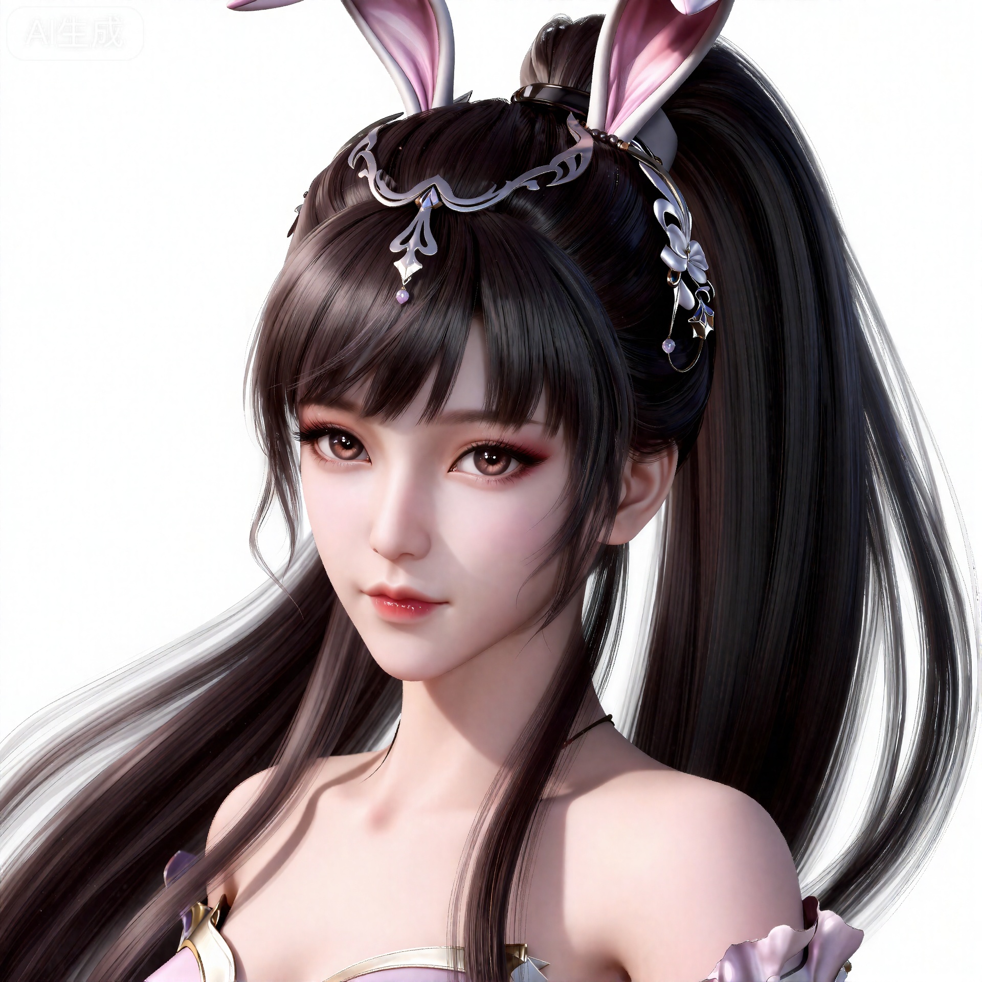 xiaowu,一个幻想中的女性角色的插画,插画的风格非常详细和逼真。
 黑色头发,长发,高马尾,超长发,精美的发饰,棕色的眼睛,兔子耳饰,肌肤胜雪,画着淡妆,浅粉色的口红,浅粉色的眼影,眼影闪烁着,白里透红,半身图,正面视角。