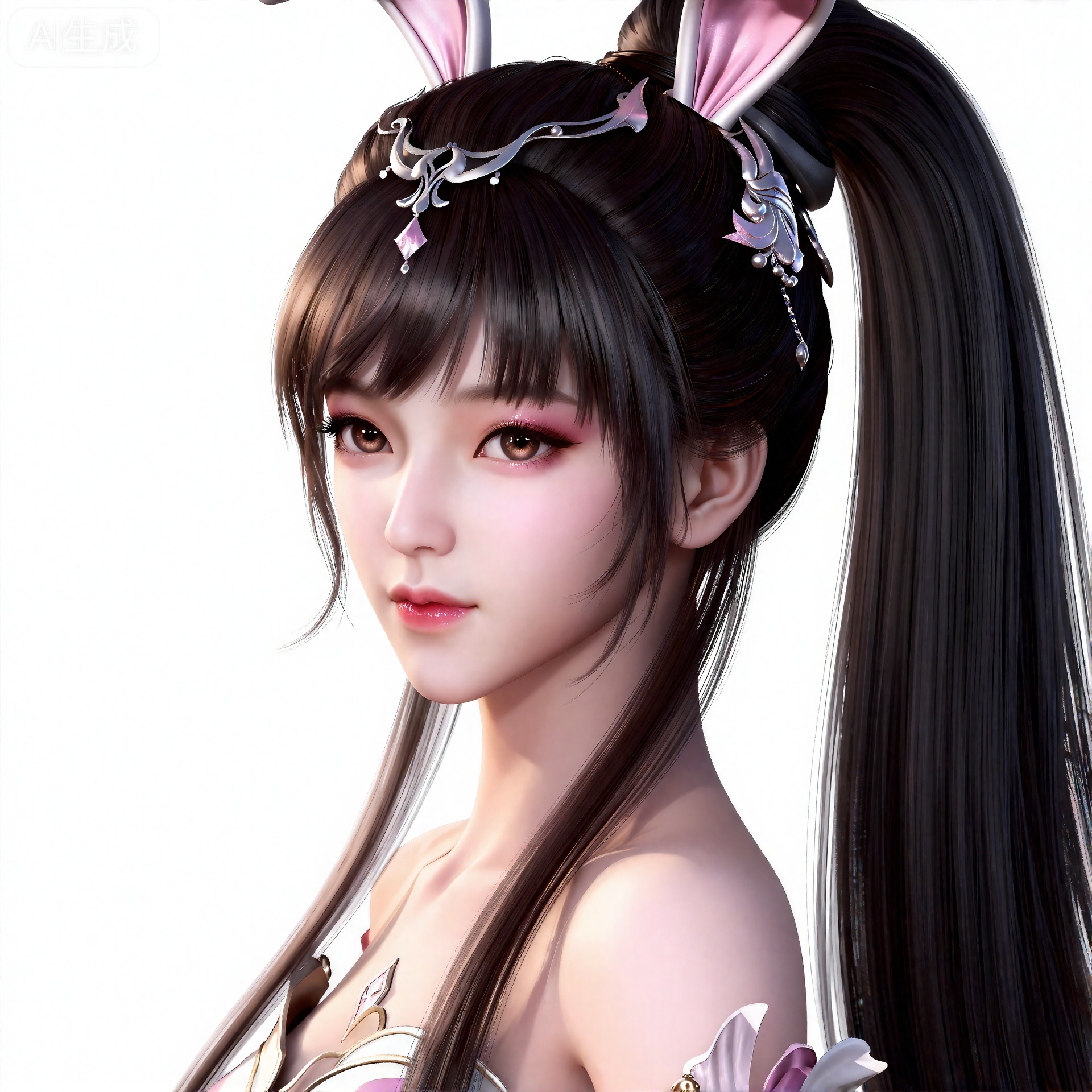 xiaowu,一个幻想中的女性角色的插画,插画的风格非常详细和逼真。
 黑色头发,长发,高马尾,超长发,精美的发饰,棕色的眼睛,兔子耳饰,肌肤胜雪,画着淡妆,浅粉色的口红,浅粉色的眼影,眼影闪烁着,白里透红,半身图,正面视角。