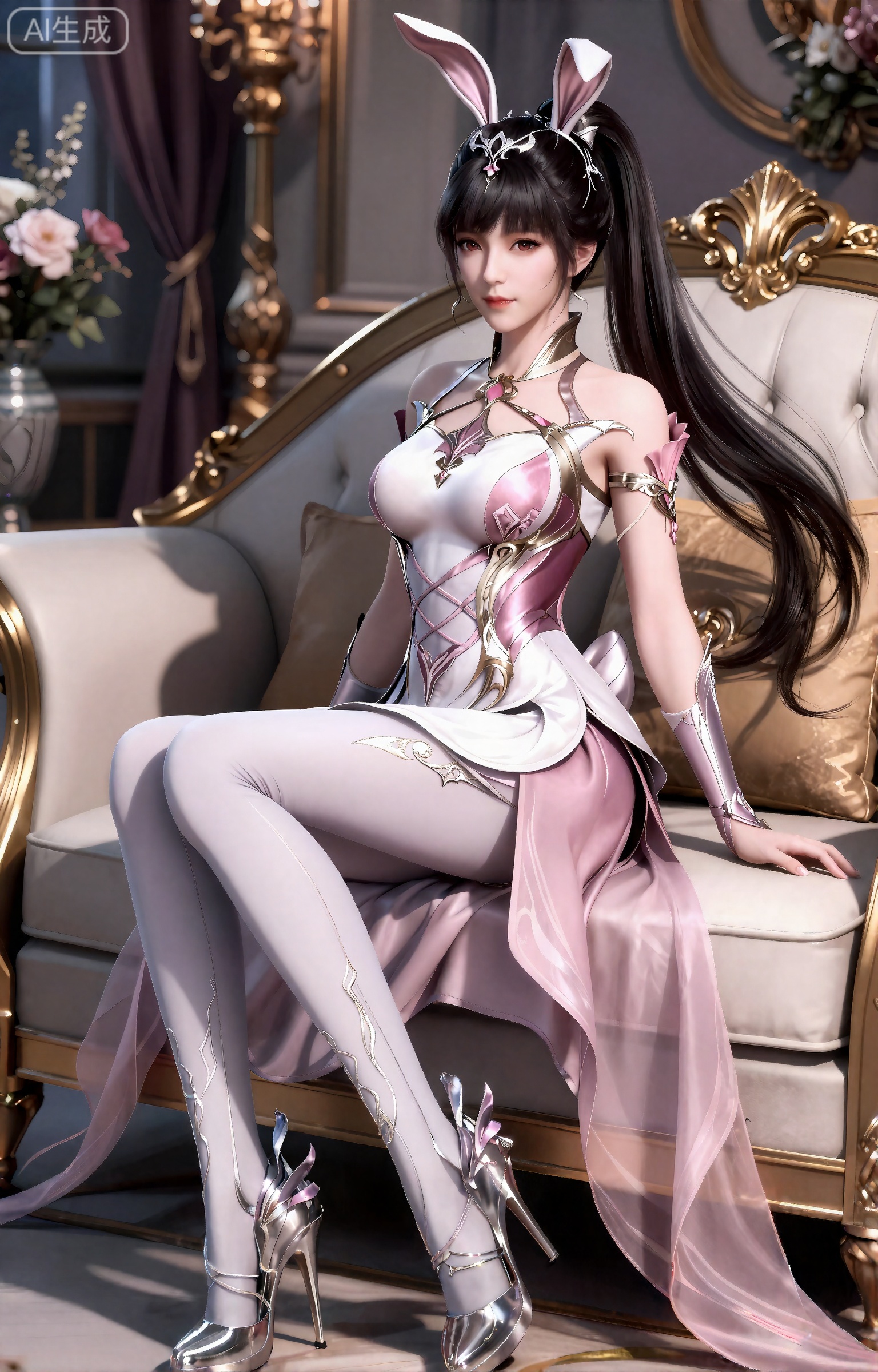 xiaowu,幻想中的女性人物,2.5D,
黑色头发,长发,高马尾,超长发,白皙的皮肤,兔子耳饰,连衣裙,粉色和白色交织的精美连衣裙包裹着丰满的胸部,连衣裙是系带式的和有着透明的粉色裙摆,手臂上装饰有粉色和银色交织的精美护腕,白丝裤袜,银色的高跟鞋在阳光下折射出耀眼的光芒,她坐在沙发上,二郎腿,华丽的房间中,白天,鲜花,风吹动头发,
