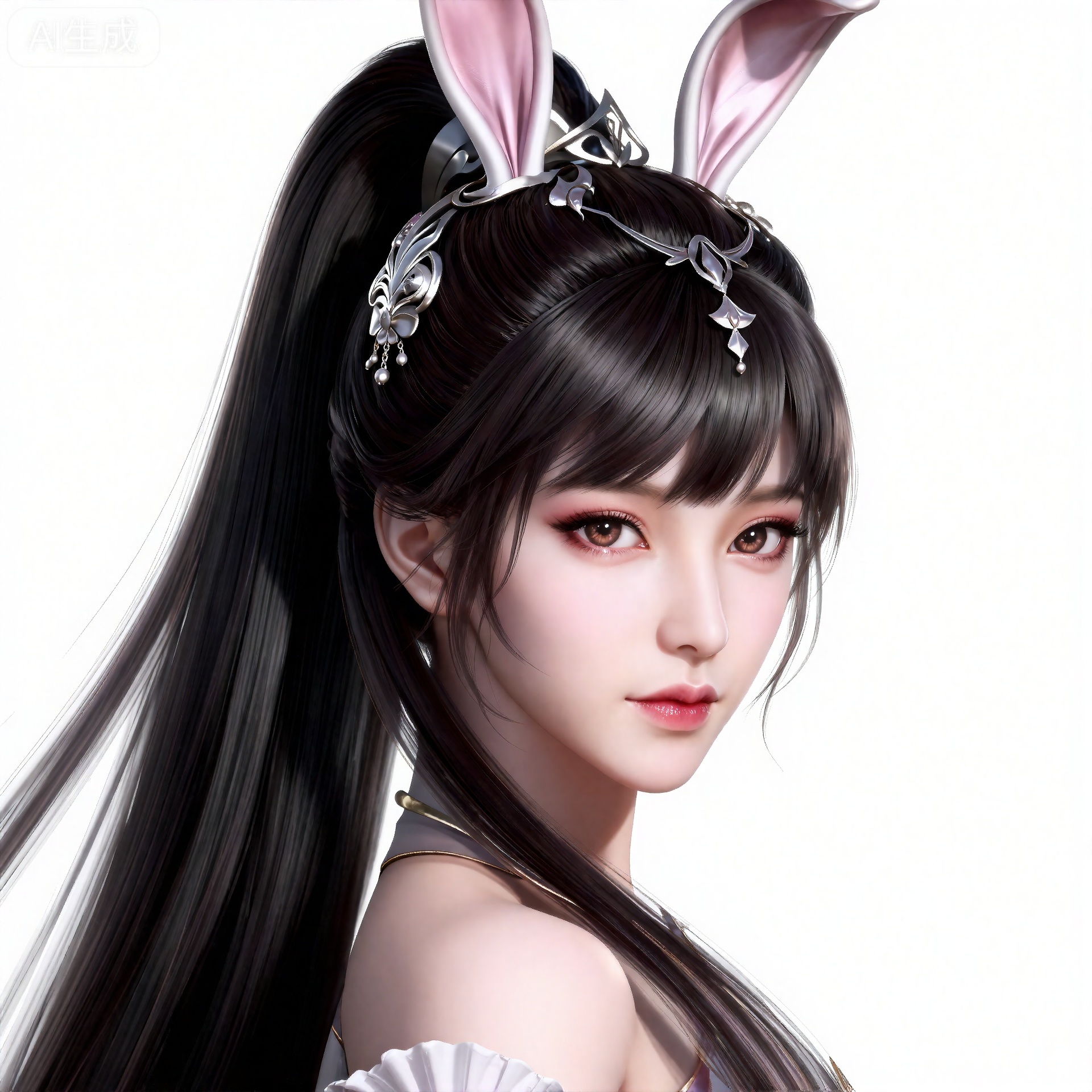 xiaowu,一个幻想中的女性角色的插画,插画的风格非常详细和逼真。
 黑色头发,长发,高马尾,超长发,精美的发饰,棕色的眼睛,兔子耳饰,肌肤胜雪,画着淡妆,浅粉色的口红,浅粉色的眼影,眼影闪烁着,白里透红,半身图,正面视角。