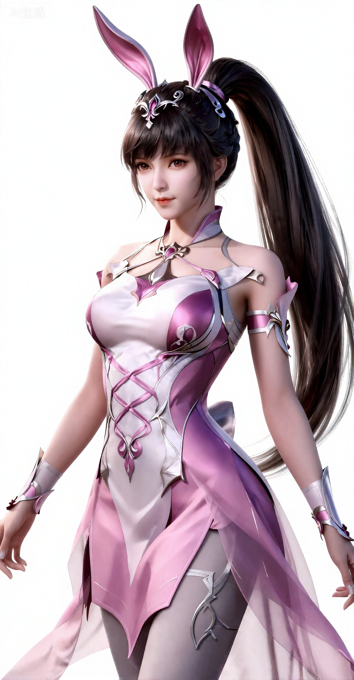xiaowu,一个幻想中的女性角色的插画,插画的风格非常详细和逼真。
 黑色头发,长发,高马尾,超长发,白皙的皮肤,兔子耳饰,连衣裙,粉色和白色交织的精美连衣裙包裹着丰满的胸部,连衣裙是系带式的和有着透明的粉色裙摆,手臂上装饰有粉色和银色交织的精美护腕,半身图。
