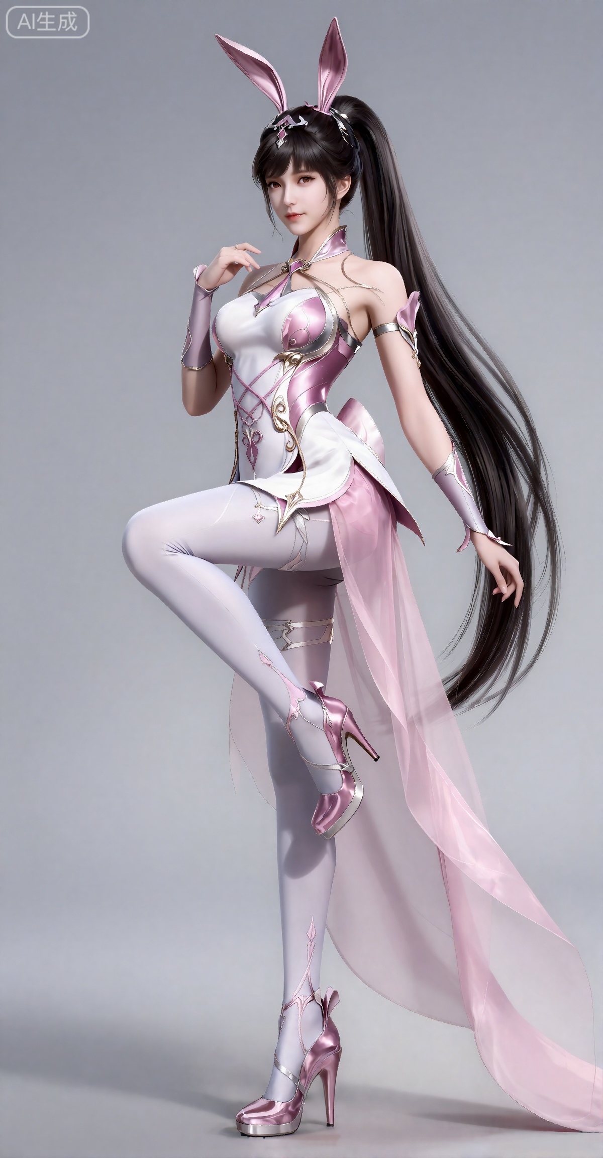 xiaowu,一个幻想中的女性角色的插画,插画的风格非常详细和逼真。
 黑色头发,长发,高马尾,超长发,白皙的皮肤,兔子耳饰,连衣裙,粉色和白色交织的精美连衣裙包裹着丰满的胸部,连衣裙是系带式的和有着透明的粉色裙摆,手臂上装饰有粉色和银色交织的精美护腕,全身图,白丝裤袜,高跟鞋,她站在地上,一只脚支撑身体,另一只脚抬起,做出踢腿的动作。