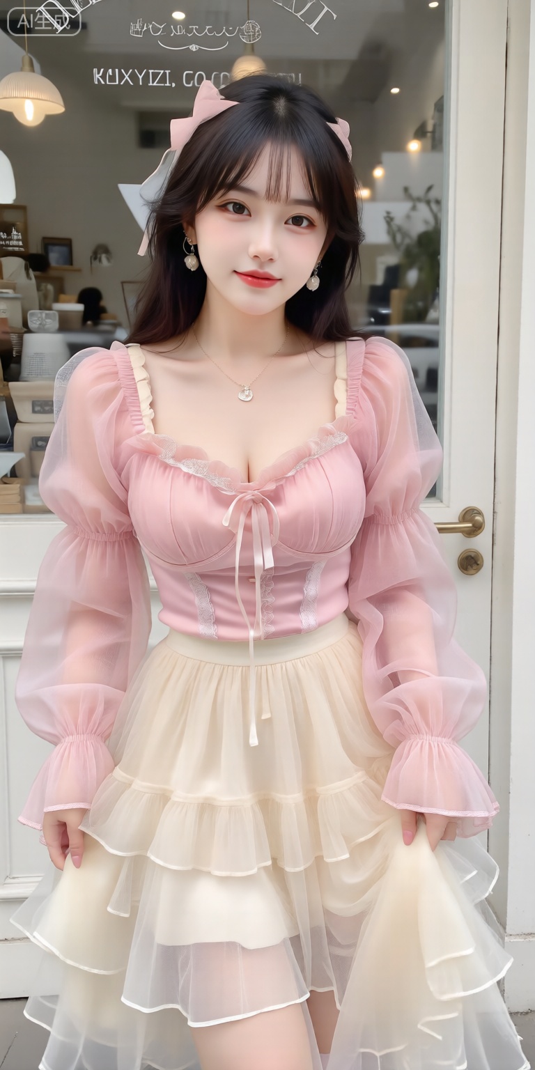 meinvzi ,完美身材比例优越, 巨大胸部饱满有型,  KXYY,
穿着蕾丝胸罩与深邃的乳沟,纱裙,美少女皮肤白皙,short hair,穿一件粉色上衣蝴蝶袖,米色百褶纱裙,背景带白色风格咖啡店门,半身写真,时尚写真,超高清