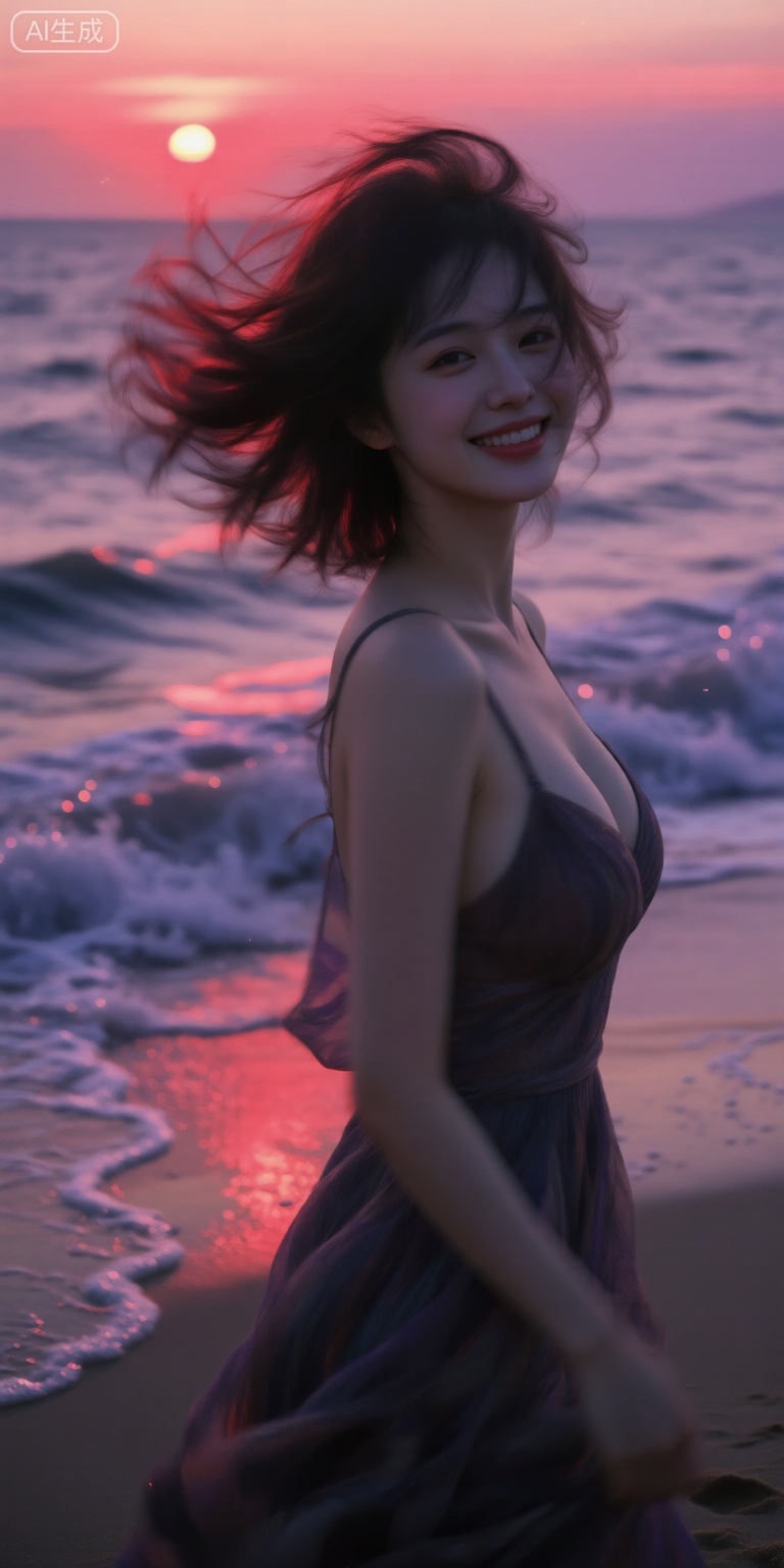 meinvzi ,完美身材比例优越, 胸部饱满有型, 
风中回眸半身,惊艳容貌,蓬松刘海在海风中飘动,动态模糊和发丝分离如落日余晖,嘴角上扬带生活热爱,侧身正面照,暗调转化为沙滩落日氛围,有沙滩夕阳余晖,海浪拍打,超现实主义与印象派融合,细节有沙滩质感,海浪波纹,落日色彩描绘,色彩以红粉紫为主,淡彩且温暖,低光氛围浪漫温馨宁静,个性视角非对称,对焦人物主体,周边虚焦暗朦过曝模拟沙滩光影交错,景深,高噪点,强烈胶片颗粒质感,层次丰富,暗角是无垠大海,写意,光的美学,概念艺术,超现实,高级感,富士胶片,杰作,曝光感,

