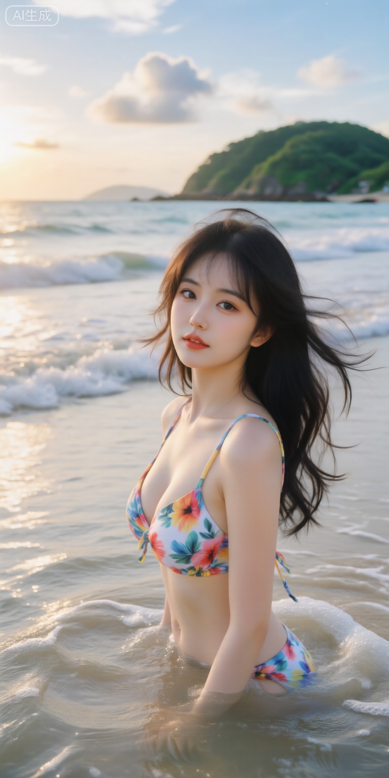 meinvzi ,完美身材比例优越, 胸部饱满有型, 
看着相机,
海滩上的一名女子穿着色彩鲜艳的花朵比基尼吊带背心,站在浅水中,她有一头乌黑的长发,随风飘扬,身材修长,曲线优美,天空晴朗,飘着几朵云,夕阳西下,投射出温暖的金色光芒,背景是一片宁静的海滩,海浪轻柔,远处还有一座郁郁葱葱的绿色岛屿,该图像是一张高分辨率照片,具有柔和,自然的调色板,整体美感宁静而温馨,
