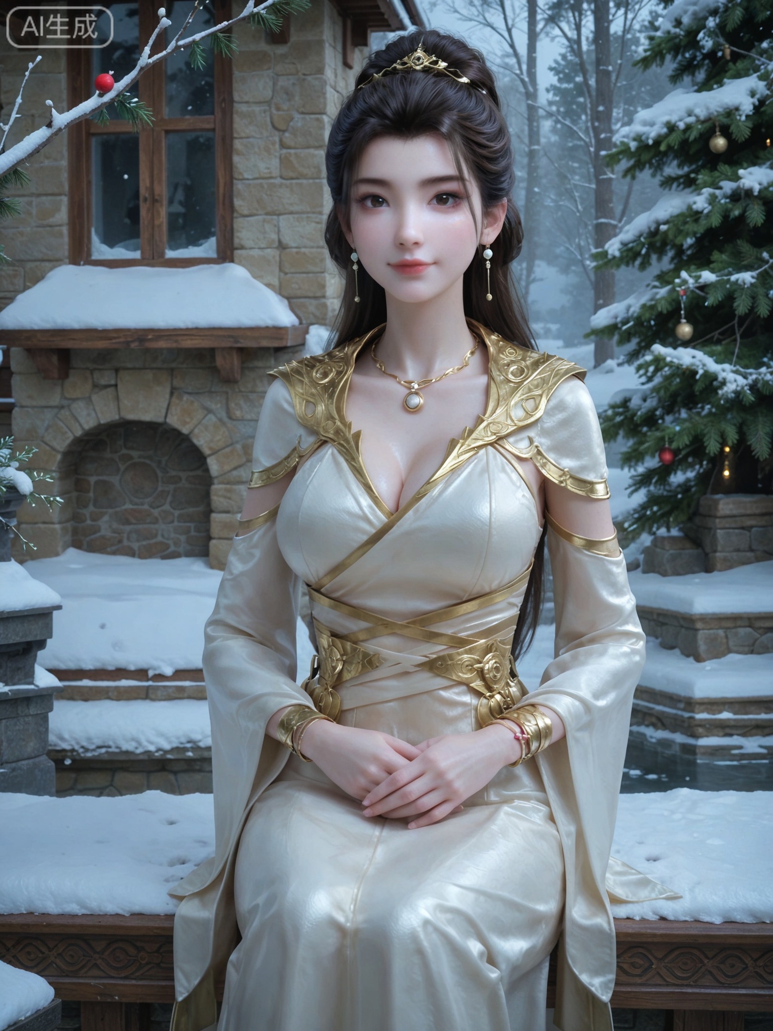 score_9,score_8_up,score_7_up,masterpiece,(best quality),(intricate details:0.9) BREAK (intricate details:0.9),(realistic skin:1.2),masterpiece,best quality,newest,absurdres,hiahres,1girl,solo,jewelry,hair ornament,dress,necklace,lips,eyeshadow,bracelet,tassel,(8k ultra-clear, pony style),photo pose 0.6, micro-expression: soft smile 0.3, half-body + medium shot 0.7,1girl,solo.looking_at_viewer,realistic,photorealistic,Vivid Colors,bright environment,shiny skin,shiny hairjewelry,detail eyes,Eyes highlights,glowing,sunshine,bright,reflection,bright,sunshine on face,shiny,shinny,petite,thin,leg slimming,lose weight,slim hips,lakeside,delicate water,reflection,(upper body:0.6)sitting_down,eyelashes,snow,Winter,Snowy landscape,Snow accumulation,Christmas tree,(huge breasts:1.1),