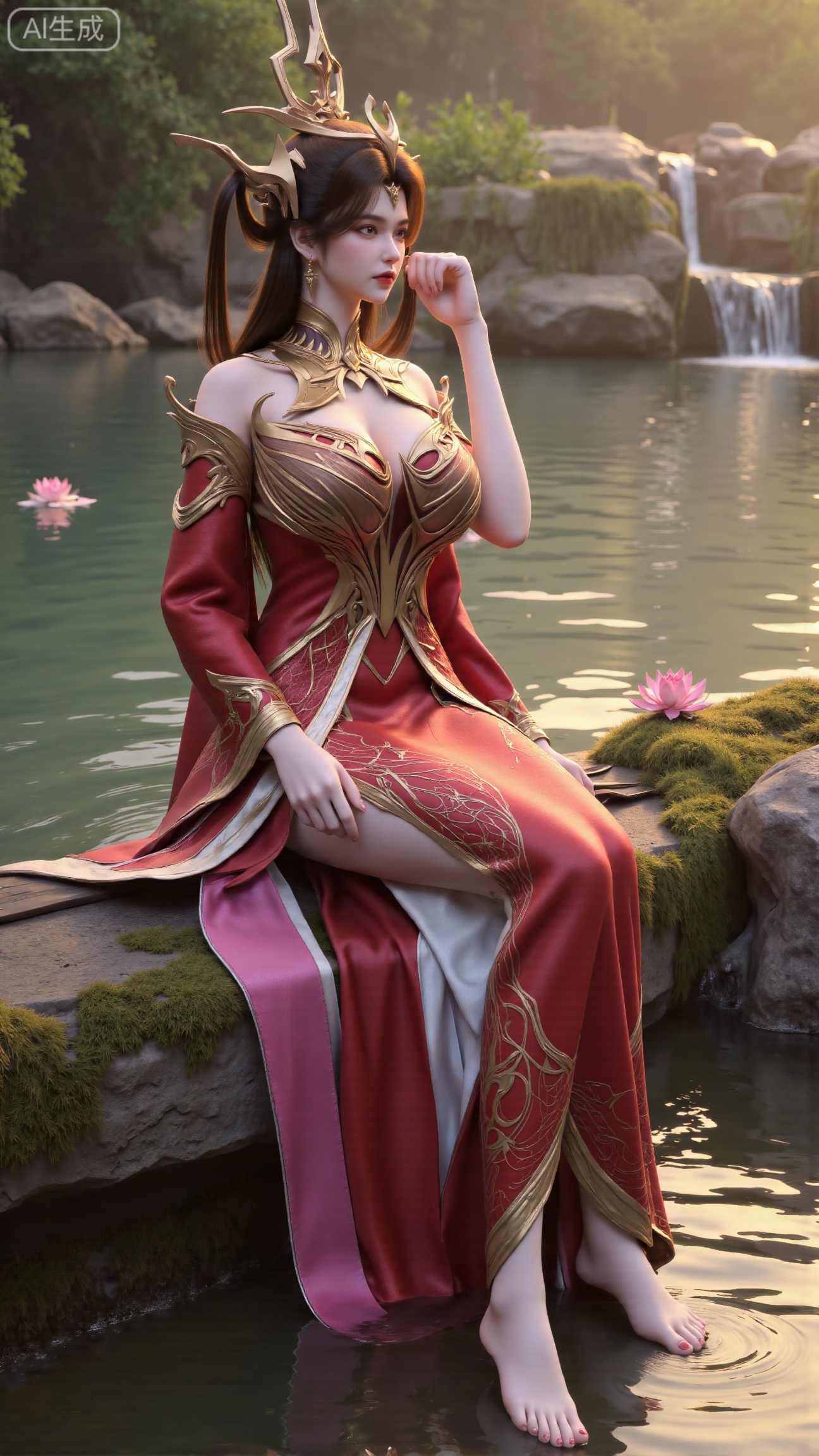 (masterpiece:1.3), ultra-detailed, 8k, photorealistic, best quality, cinematic lighting, volumetric sunlight, soft shadows, subsurface scattering, depth of field, A stunning young woman sits gracefully barefoot on a moss-covered rock beside a crystal-clear stream in a tranquil forest. The sunlight filters through the trees, casting dappled golden light on her smooth skin and the rippling water. She wears an exquisite long dress with fine pink and gold embroidery across the chest and short sleeves. Her long, dark hair flows naturally over her shoulders, softly illuminated by the warm light. Her bare feet touch the cool moss and shallow water, adding a sense of intimacy and realism. One hand rests gently on her hip, while the other holds a blooming lotus flower, her expression calm and serene. Mist rises gently from the water, with reflections dancing on the surface, creating a peaceful, ethereal atmosphere. (background with mossy stones, flowing stream, forest sunlight, soft haze, and gentle reflections:1.6), (realistic skin texture:1.3), (natural color tones:1.3), (film look:1.2) (huge breasts:2.99),(full breasts:2.99),,Xbigbreasts,XbaifengsongyuYH,XliuyuYH2,XanmyXM,XxuanyYH,XruotianzhuqueG,XxuanyiYH,XPolaroidFilmStyle