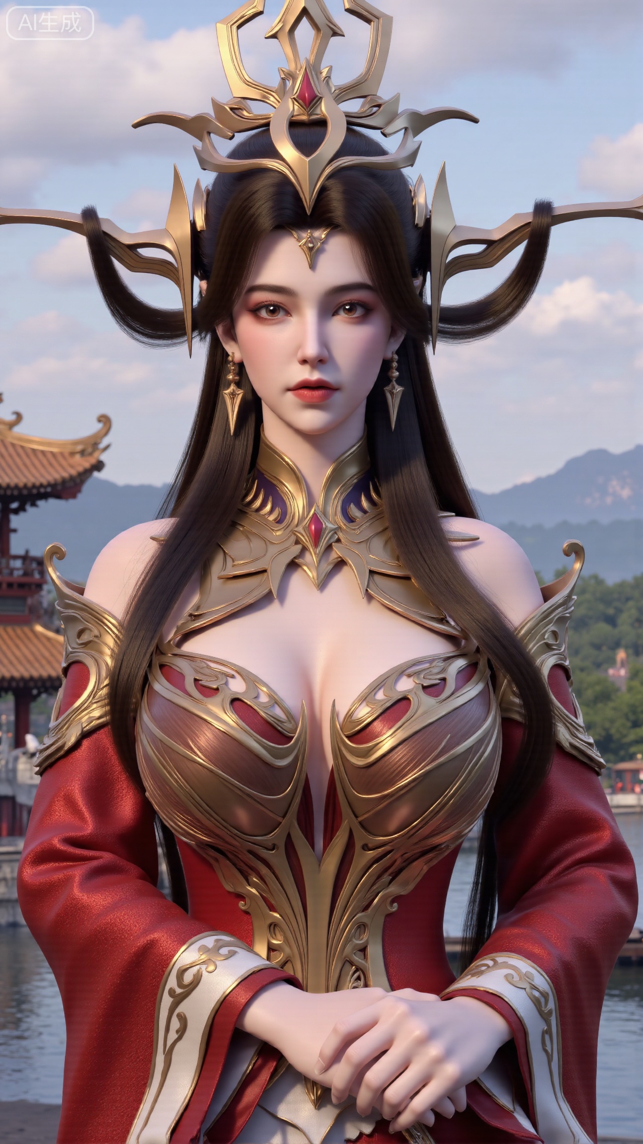 (masterpiece, best quality:1.2),1 girl, solo, long hair, black hair, hair accessories, clothing, cleavage cuts, long dress, jewelry, upper body, earrings. Background is outdoor, sky, clouds, water, trees, architecture, landscape, lantern, mountain, dragon, architecture, bridge, east Asian architecture, fog, pagoda,,(huge breasts:2.99),(full breasts:2.99),,Xbigbreasts,XbaifengsongyuYH,XliuyuYH2,XanmyXM,XxuanyYH,XruotianzhuqueG,XxuanyiYH,XPolaroidFilmStyle