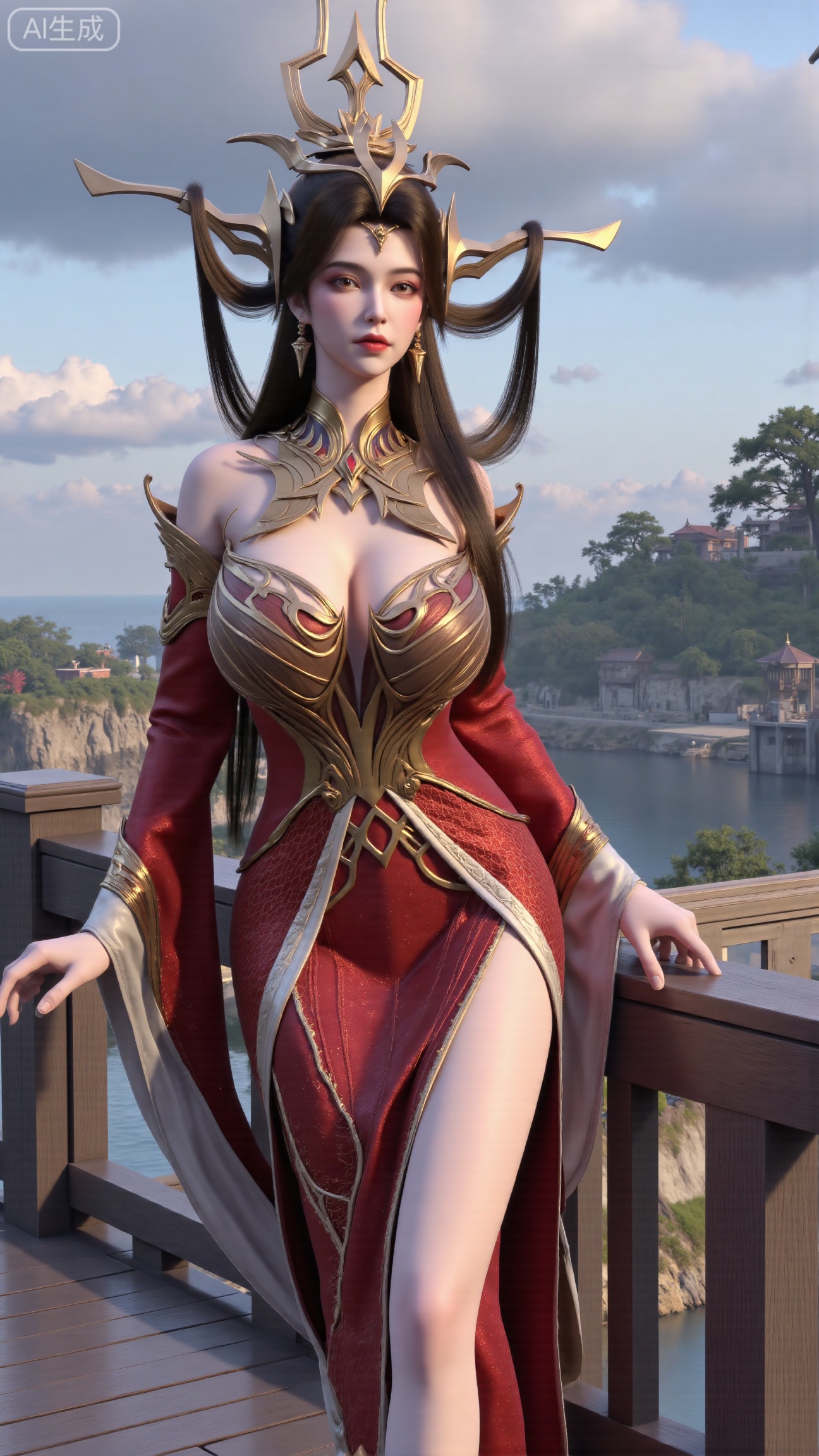 (masterpiece, best quality:1.2),1 girl, solo, long hair, black hair, hair accessories, clothing, cleavage cuts, long dress, jewelry, upper body, earrings. Background is outdoor, sky, clouds, water, trees, architecture, landscape, lantern, mountain, dragon, architecture, bridge, east Asian architecture, fog, pagoda,,(huge breasts:2.99),(full breasts:2.99),,Xbigbreasts,XbaifengsongyuYH,XliuyuYH2,XanmyXM,XxuanyYH,XruotianzhuqueG,XxuanyiYH,XPolaroidFilmStyle