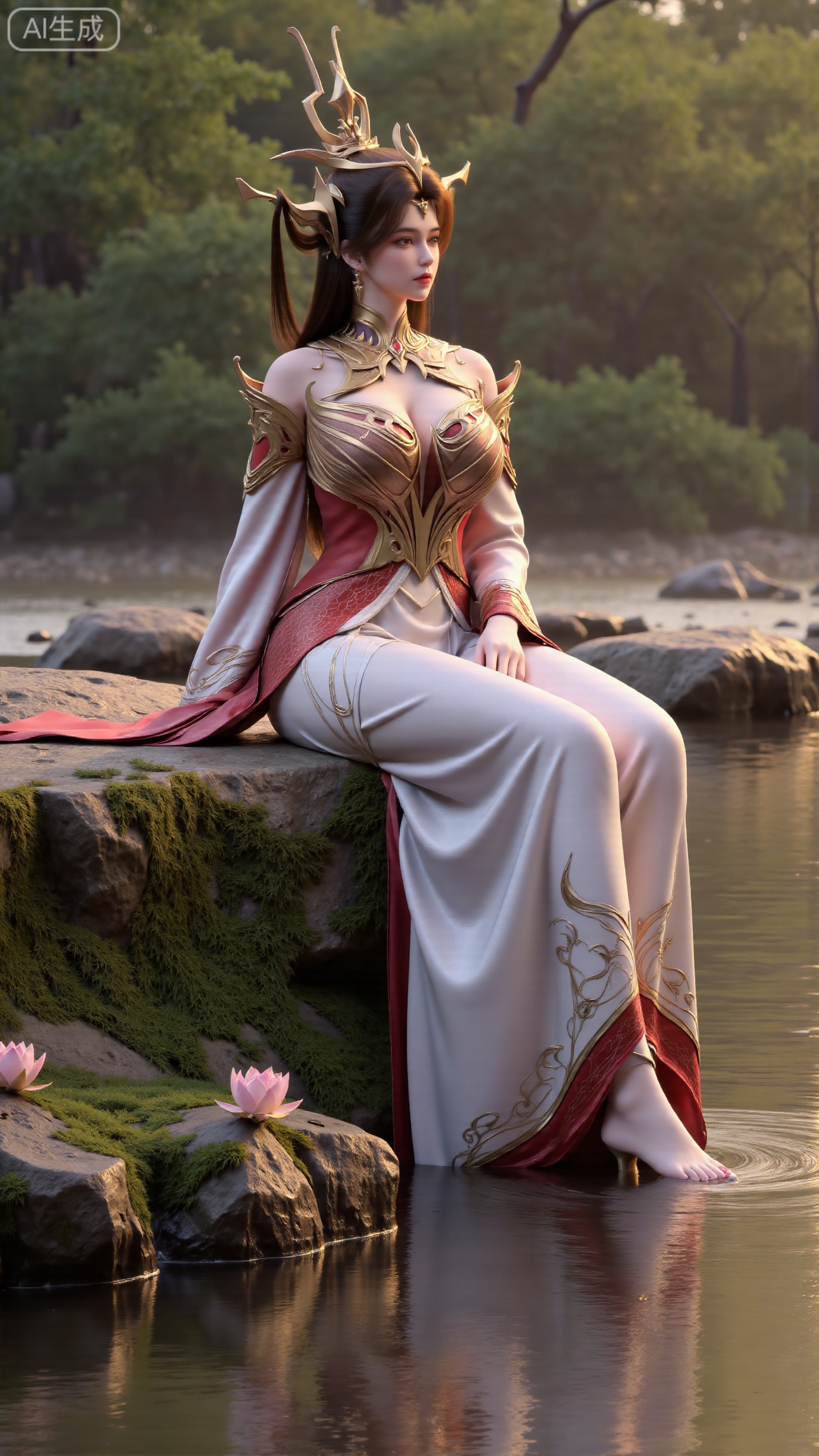 (masterpiece:1.3), ultra-detailed, 8k, photorealistic, best quality, cinematic lighting, volumetric sunlight, soft shadows, subsurface scattering, depth of field, A stunning young woman sits gracefully barefoot on a moss-covered rock beside a crystal-clear stream in a tranquil forest. The sunlight filters through the trees, casting dappled golden light on her smooth skin and the rippling water. She wears an exquisite long dress with fine pink and gold embroidery across the chest and short sleeves. Her long, dark hair flows naturally over her shoulders, softly illuminated by the warm light. Her bare feet touch the cool moss and shallow water, adding a sense of intimacy and realism. One hand rests gently on her hip, while the other holds a blooming lotus flower, her expression calm and serene. Mist rises gently from the water, with reflections dancing on the surface, creating a peaceful, ethereal atmosphere. (background with mossy stones, flowing stream, forest sunlight, soft haze, and gentle reflections:1.6), (realistic skin texture:1.3), (natural color tones:1.3), (film look:1.2) (huge breasts:2.99),(full breasts:2.99),,Xbigbreasts,XbaifengsongyuYH,XliuyuYH2,XanmyXM,XxuanyYH,XruotianzhuqueG,XxuanyiYH,XPolaroidFilmStyle