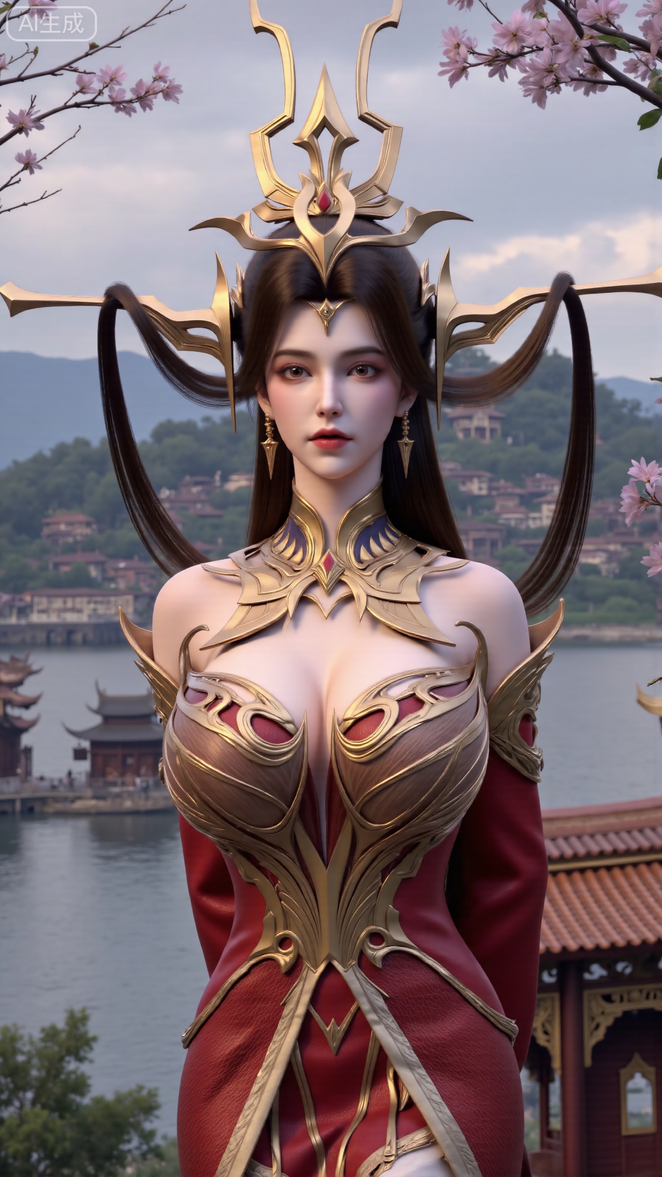 (masterpiece, best quality:1.2),1 girl, solo, long hair, black hair, hair accessories, clothing, cleavage cuts, long dress, jewelry, upper body, earrings. Background is outdoor, sky, clouds, water, trees, architecture, landscape, lantern, mountain, dragon, architecture, bridge, east Asian architecture, fog, pagoda,,(huge breasts:2.99),(full breasts:2.99),,Xbigbreasts,XbaifengsongyuYH,XliuyuYH2,XanmyXM,XxuanyYH,XruotianzhuqueG,XxuanyiYH,XPolaroidFilmStyle