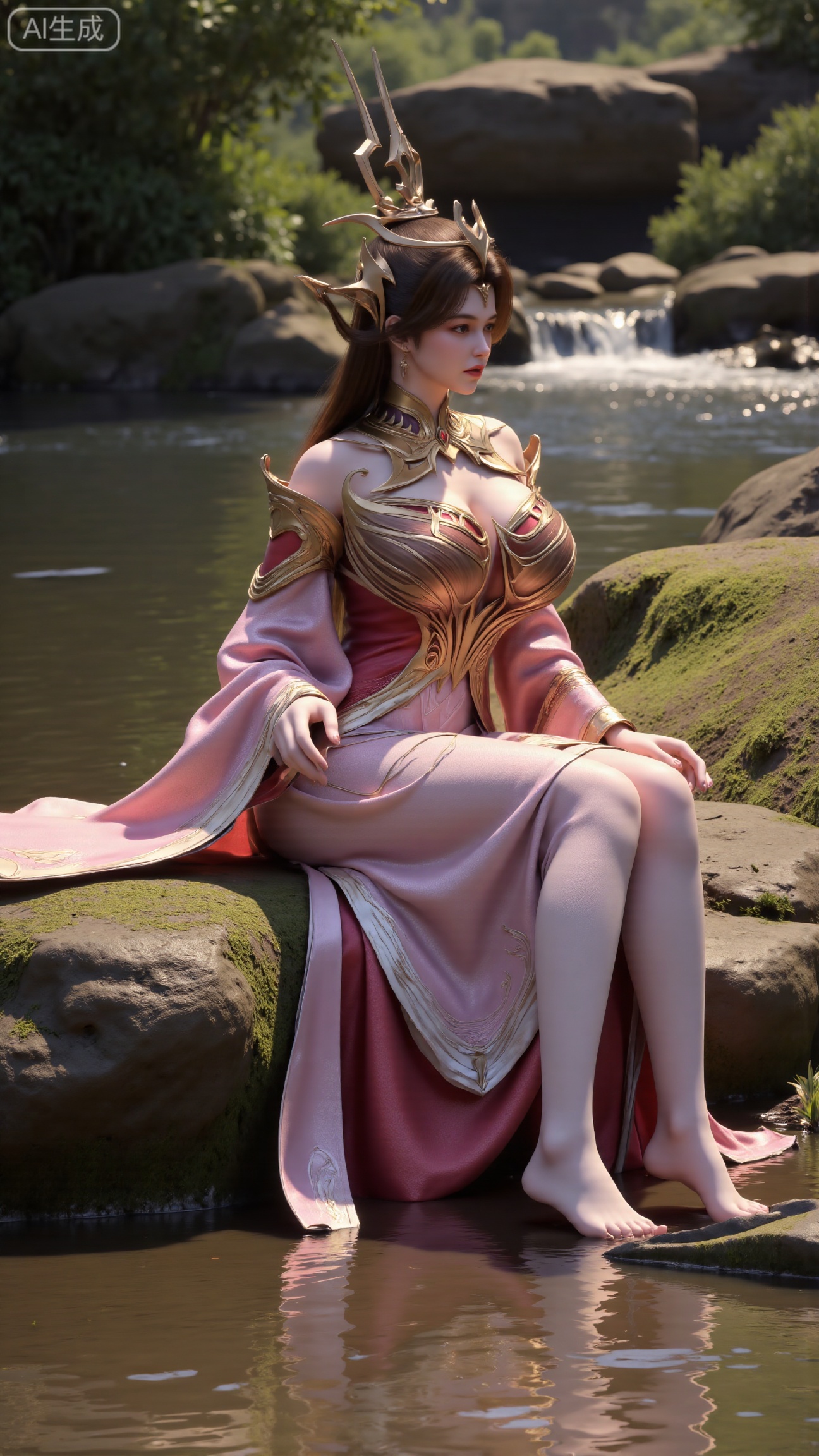 (masterpiece:1.3), ultra-detailed, 8k, photorealistic, best quality, cinematic lighting, volumetric sunlight, soft shadows, subsurface scattering, depth of field, A stunning young woman sits gracefully barefoot on a moss-covered rock beside a crystal-clear stream in a tranquil forest. The sunlight filters through the trees, casting dappled golden light on her smooth skin and the rippling water. She wears an exquisite long dress with fine pink and gold embroidery across the chest and short sleeves. Her long, dark hair flows naturally over her shoulders, softly illuminated by the warm light. Her bare feet touch the cool moss and shallow water, adding a sense of intimacy and realism. One hand rests gently on her hip, while the other holds a blooming lotus flower, her expression calm and serene. Mist rises gently from the water, with reflections dancing on the surface, creating a peaceful, ethereal atmosphere. (background with mossy stones, flowing stream, forest sunlight, soft haze, and gentle reflections:1.6), (realistic skin texture:1.3), (natural color tones:1.3), (film look:1.2) (huge breasts:2.99),(full breasts:2.99),,Xbigbreasts,XbaifengsongyuYH,XliuyuYH2,XanmyXM,XxuanyYH,XruotianzhuqueG,XxuanyiYH,XPolaroidFilmStyle