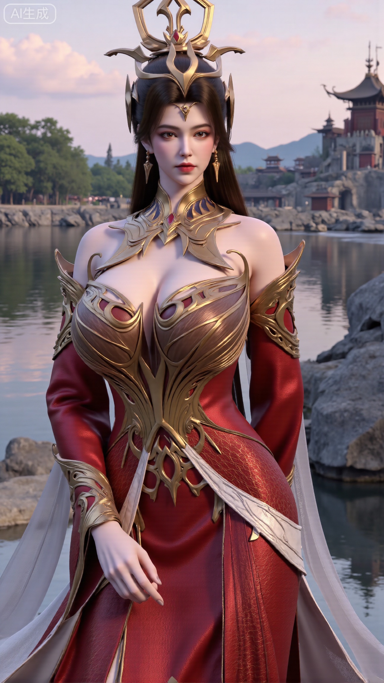 (masterpiece, best quality:1.2),1 girl, solo, long hair, black hair, hair accessories, clothing, cleavage cuts, long dress, jewelry, upper body, earrings. Background is outdoor, sky, clouds, water, trees, architecture, landscape, lantern, mountain, dragon, architecture, bridge, east Asian architecture, fog, pagoda,,(huge breasts:2.99),(full breasts:2.99),,Xbigbreasts,XbaifengsongyuYH,XliuyuYH2,XanmyXM,XxuanyYH,XruotianzhuqueG,XxuanyiYH,XPolaroidFilmStyle