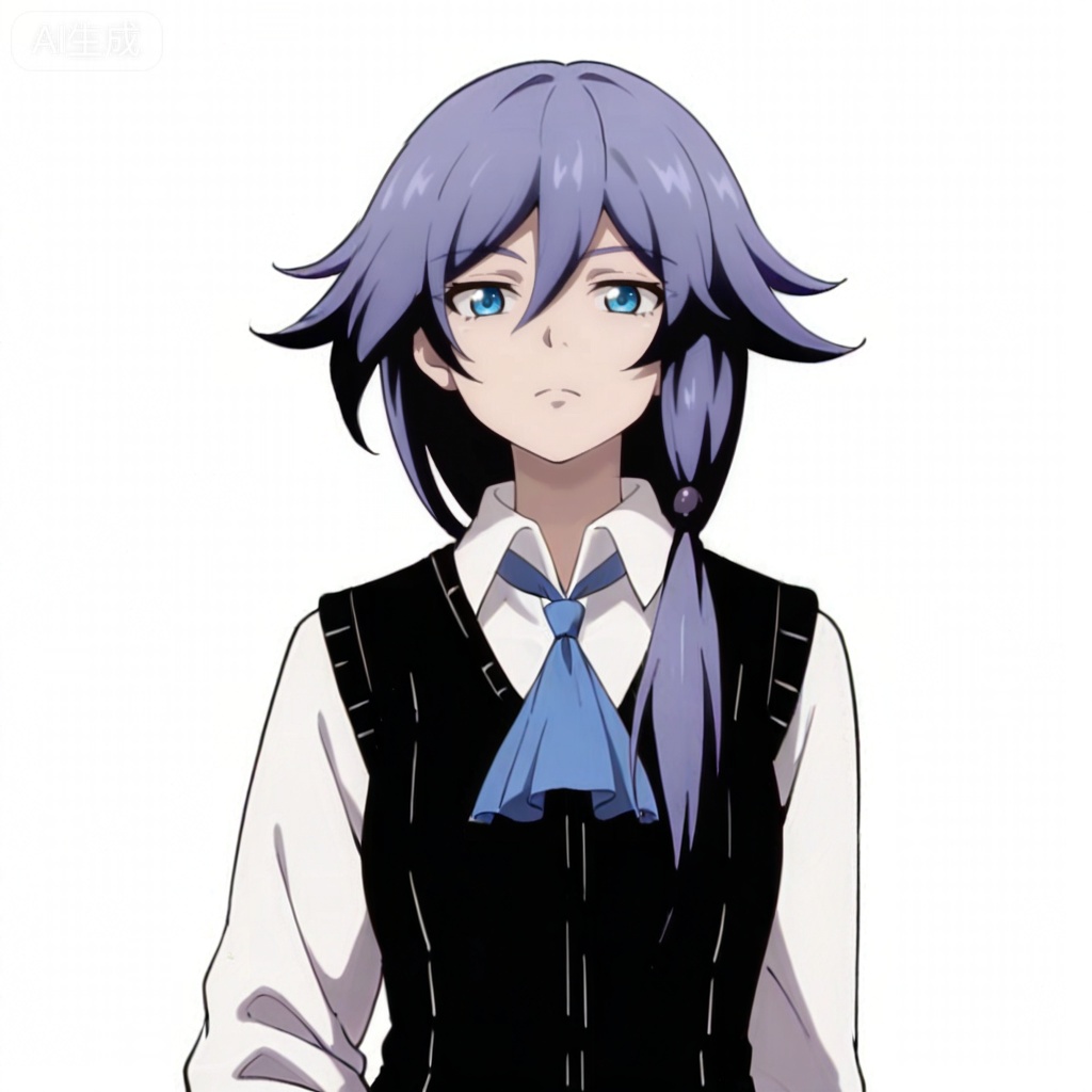 masterpiece, best quality,solo,((white background:1.2)),simple background,, 
looking at viewer,anime_style,fu_hua,blue eyes,grey hair,hair ornament,hair between eyes,shirt,white shirt,collared shirt,skirt,vest,blue necktie,