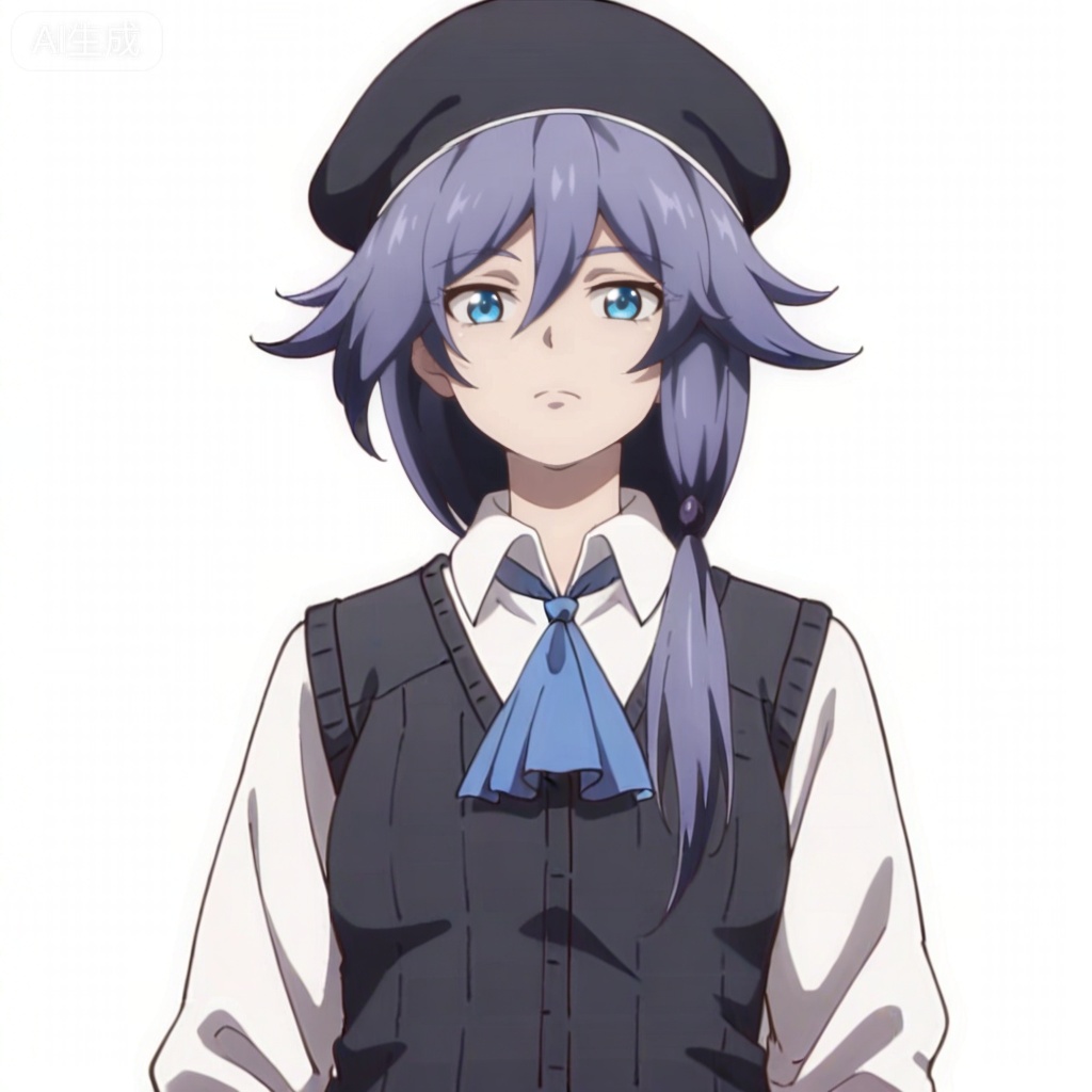 masterpiece, best quality,solo,((white background:1.2)),simple background,, 
looking at viewer,anime_style,fu_hua,blue eyes,grey hair,hair ornament,hair between eyes,shirt,white shirt,collared shirt,skirt,vest,blue necktie,hat,beret