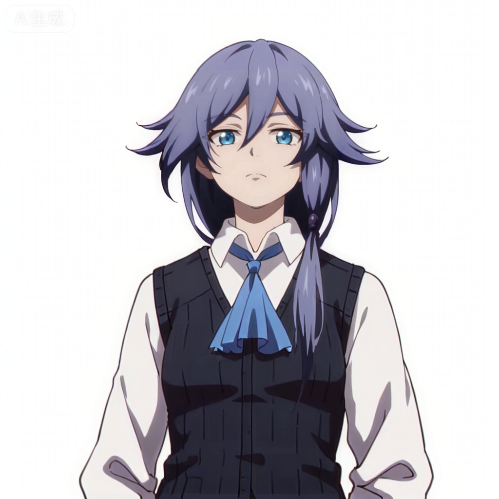 masterpiece, best quality,solo,((white background:1.2)),simple background,, 
looking at viewer,anime_style,fu_hua,blue eyes,grey hair,hair ornament,hair between eyes,shirt,white shirt,collared shirt,skirt,vest,blue necktie,