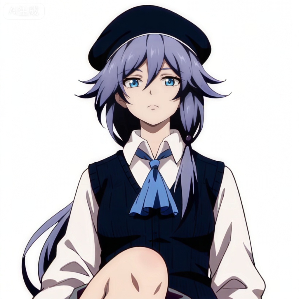 masterpiece, best quality,solo,((white background:1.2)),simple background,, 
looking at viewer,anime_style,fu_hua,blue eyes,grey hair,hair ornament,hair between eyes,shirt,white shirt,collared shirt,skirt,vest,blue necktie,hat,beret