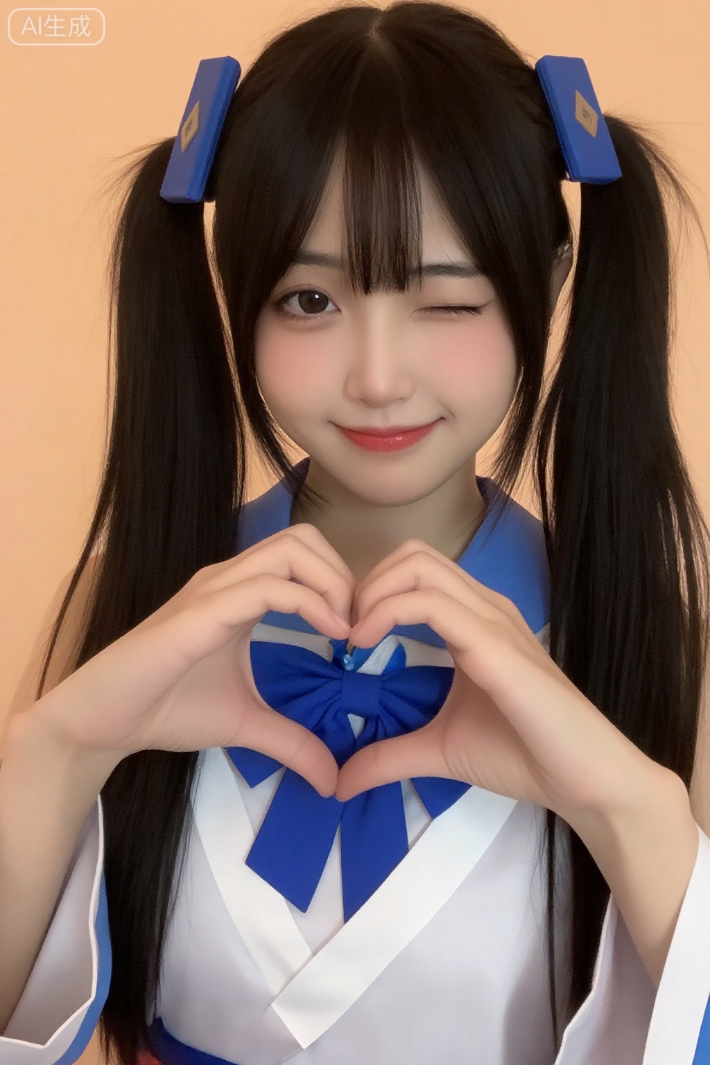 一位亚洲女性皮肤白皙,长发黑发,扎着双马尾辫,扎着蓝色丝带,戴着方形发夹。她眨着眼睛,微笑着,穿着白色和蓝色的服装,领口有一个蓝色的大蝴蝶结。她的双手在胸前形成一个心形。背景是一面朴素的浅橙色墙。她化着淡妆,包括粉色口红和微妙的眼妆。服装上有棱角分明的白色纸状条纹。图像光线充足,捕捉到俏皮可爱的美感。整体风格让人联想到角色扮演或服装拍照。