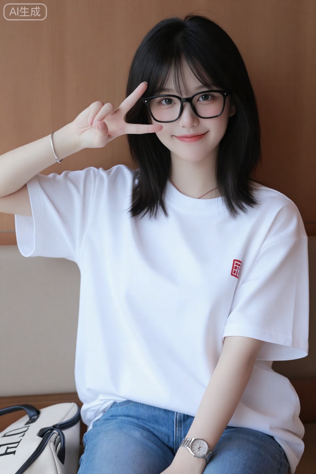 亚洲女性,皮肤白皙,年轻、五官精致, 清晰对焦、超高分辨率、最佳品质、情感杰作、精致细节、高端纹理、摄影、引人注目、景深、超现实感、最新、极致美学、高分辨率、光线追踪、环境光遮蔽、HDR、达芬奇调色、电影感、通透感,一位东亚女性留着及肩的黑发和刘海,戴着黑框眼镜。她微笑着,用食指靠近太阳穴做出和平手势。她穿着一件宽松的白色短袖T恤,左胸有一个红色小标志,下穿蓝色牛仔裤。她的右手腕上戴着一个银手镯,左手腕上戴着一个银手表。她还戴着一条细细的红色项链。背景是带有微妙纹理的木墙。她坐在一张米色的软垫长凳上,腿上放着一个带有黑色图案的米色包包。灯光柔和自然。