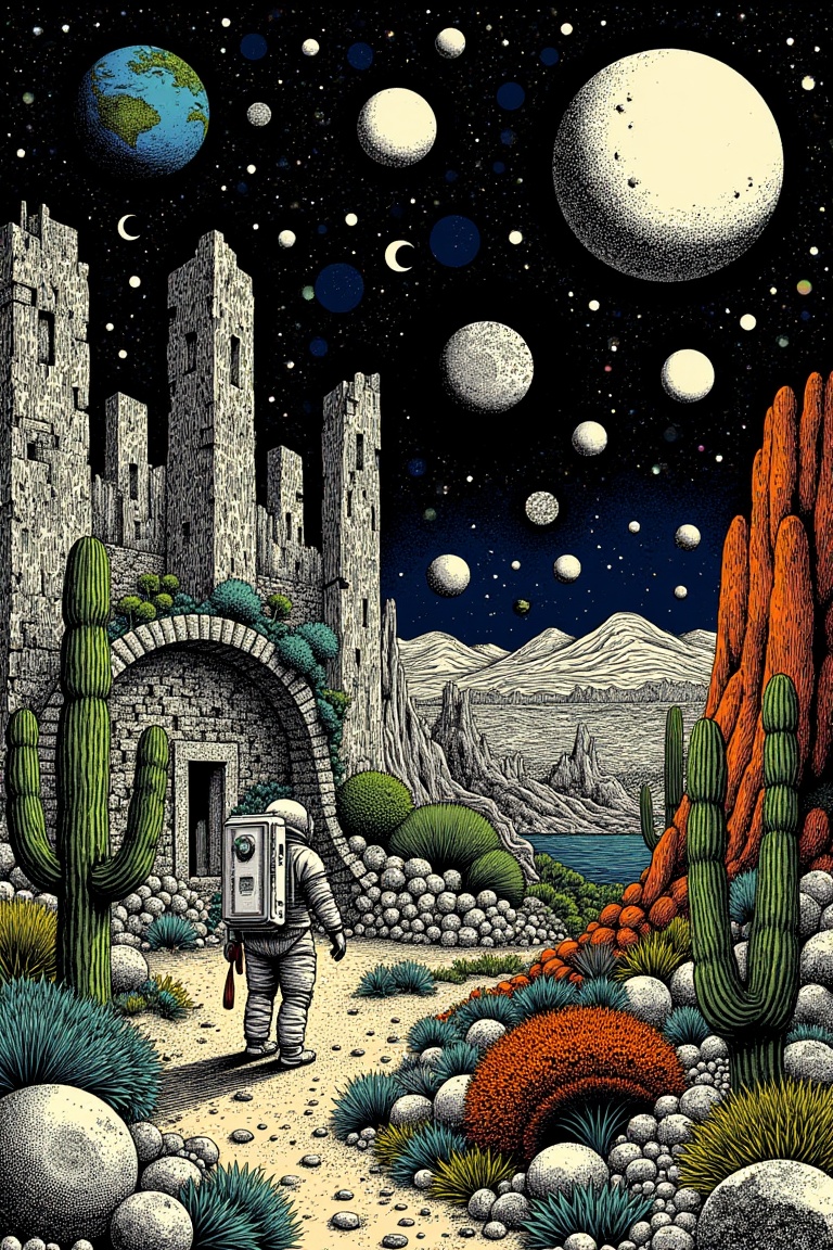illustration of a lone astronaut discovering ancient alien ruins on Tensor.Art