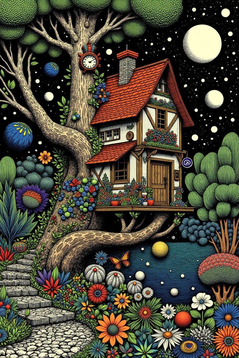 illustration of a whimsical fantasy treehouse in enchanted forest on Tensor.Art