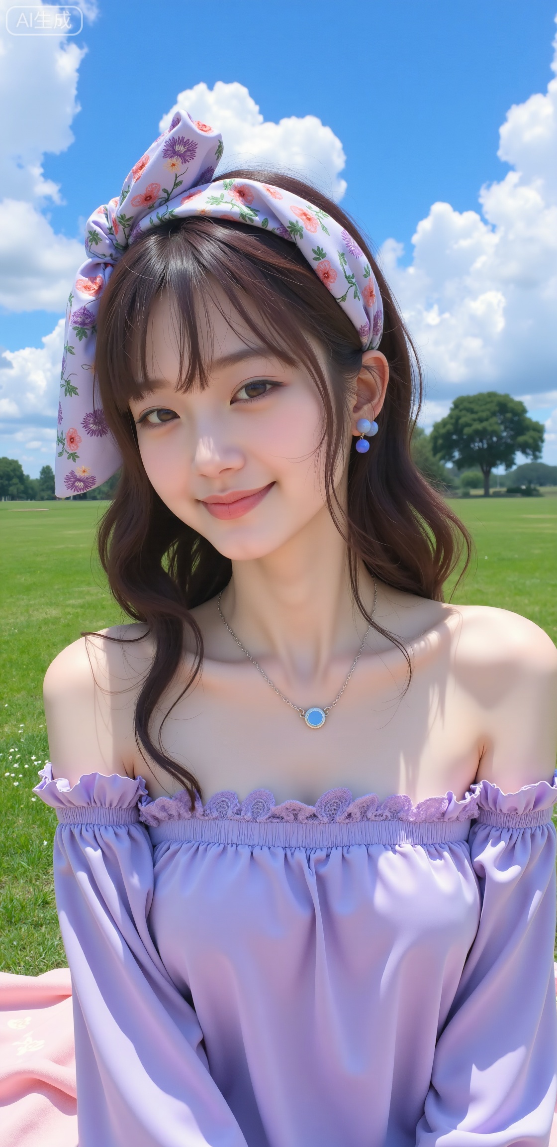 1girl, solo, short wavy brown hair, floral fabric hair tie, light purple off - the - shoulder blouse, lace trim, lavender - colored bead necklace, delicate chain, flower - bud earrings, glowing skin, happy smile, park lawn with picnic blanket, fluffy clouds in the sky, 8k, bright details,whmv,gmns,ngrx,pf,Xxiao2chu,whmv
