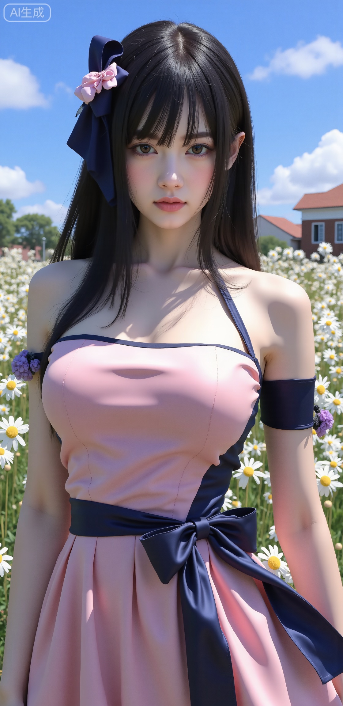 masterpiece,best quality,(upper body),(portrait:1.4), (background:0.8),highly detailed,game_cg,absurdres,dress,1girl,long_hair,black hair,outdoors,flowers,(close up:1.2),large breast,look at viewer, lxht