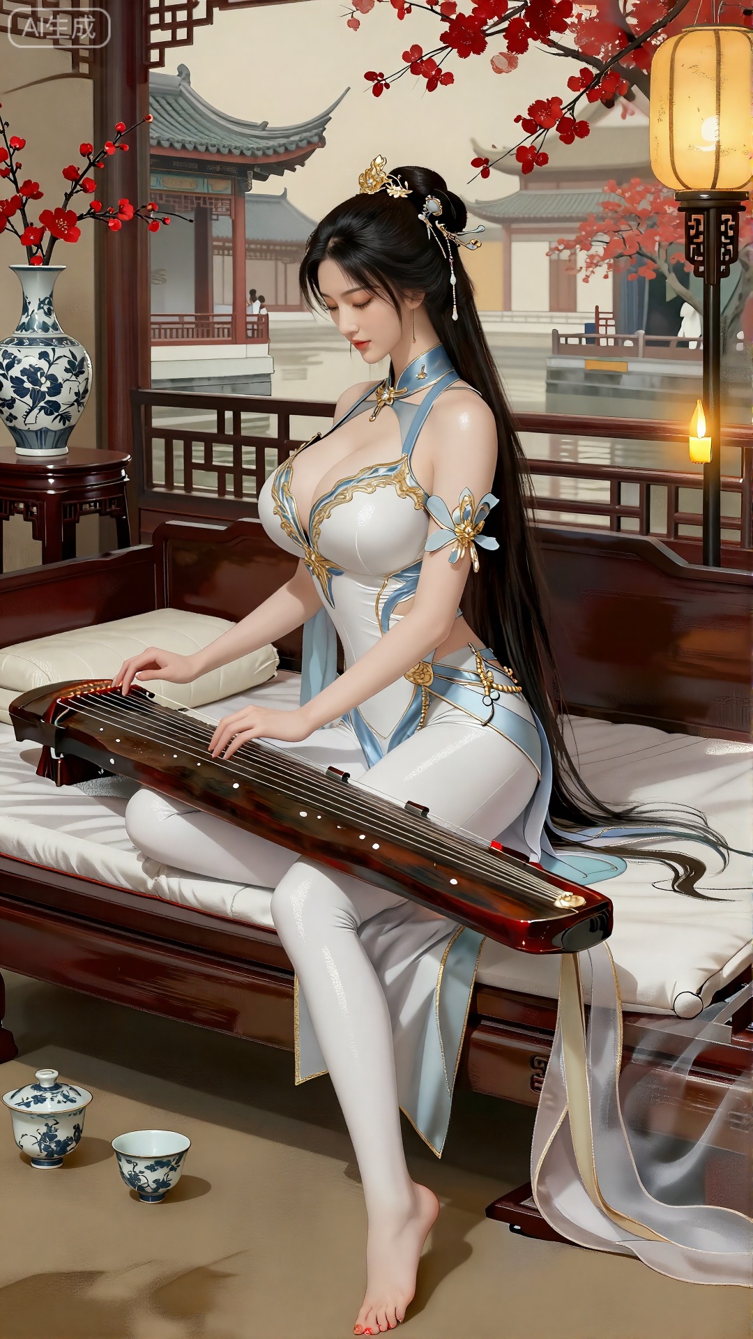 使用厚涂和晕染技法,融合国风元素。人物造型精致。女子动作优雅温柔。她穿着,一件紧身、闪亮的白色和蓝色华丽连体衣,带有金色点缀,凸显了她的大乳房和曲线身材。室内有温暖的烛光和灯笼。女子盘坐在柔软的白色软塌上,演奏着位于书案上的古琴。女人的头发又长又黑,搭配着复杂的发饰。背景呈现出典型的中式场景,室内有传统的木质家具和青花瓷瓶,瓶中插着红色花枝；窗外可见飞檐翘角的古建筑群,还有盛开的红色花树,营造出雅致的东方意境。地板上靠近此人的地方还有两个装饰精美的茶具。整体环境呈现出宁静而古典的氛围。侧后方视角。