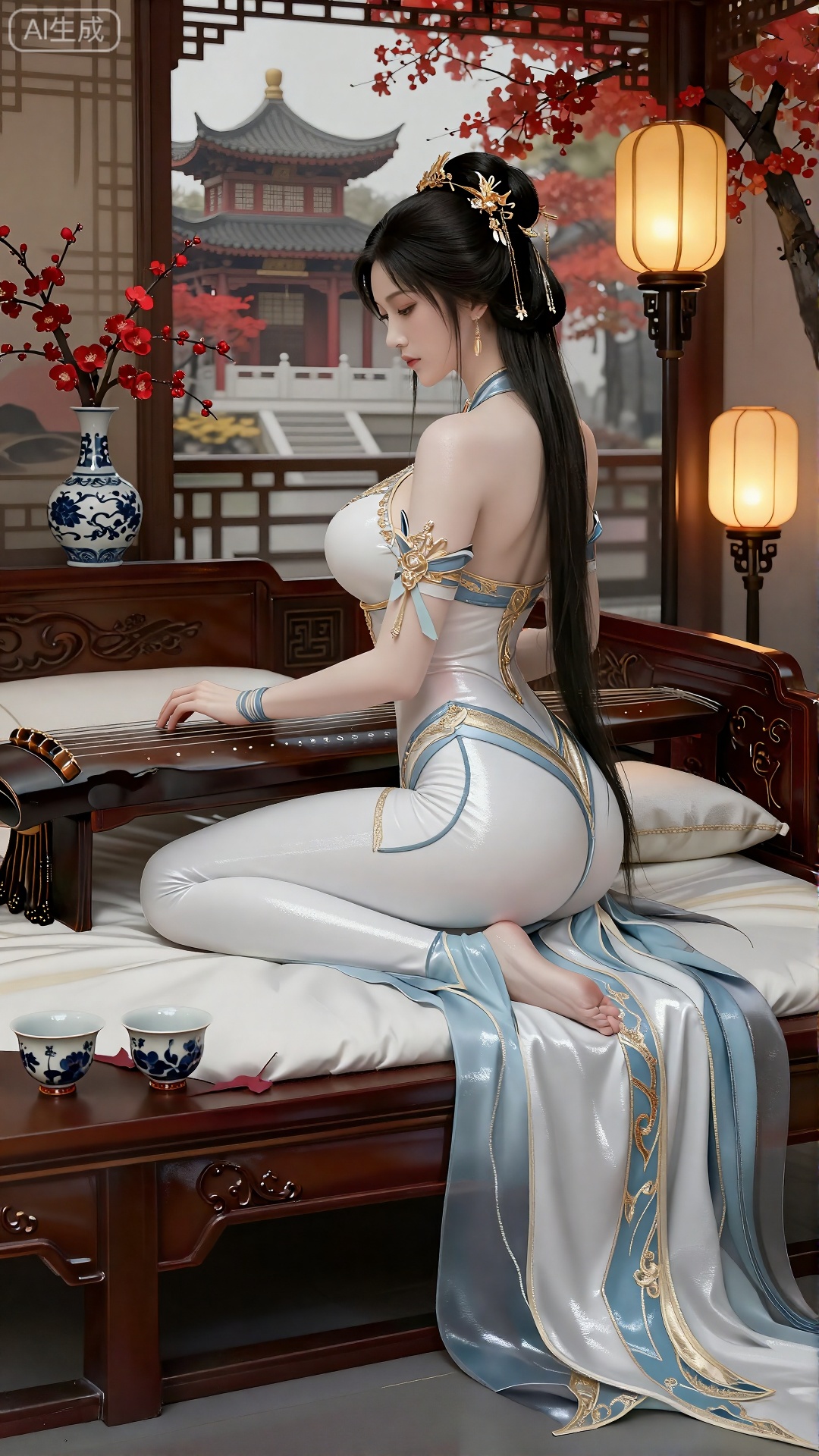 使用厚涂和晕染技法,融合国风元素。人物造型精致。女子动作优雅温柔。她穿着,一件紧身、闪亮的白色和蓝色华丽连体衣,带有金色点缀,凸显了她的大乳房和曲线身材。室内有温暖的烛光和灯笼。女子盘坐在柔软的白色软塌上,演奏着位于书案上的古琴。女人的头发又长又黑,搭配着复杂的发饰。背景呈现出典型的中式场景,室内有传统的木质家具和青花瓷瓶,瓶中插着红色花枝；窗外可见飞檐翘角的古建筑群,还有盛开的红色花树,营造出雅致的东方意境。地板上靠近此人的地方还有两个装饰精美的茶具。整体环境呈现出宁静而古典的氛围。侧后方视角。