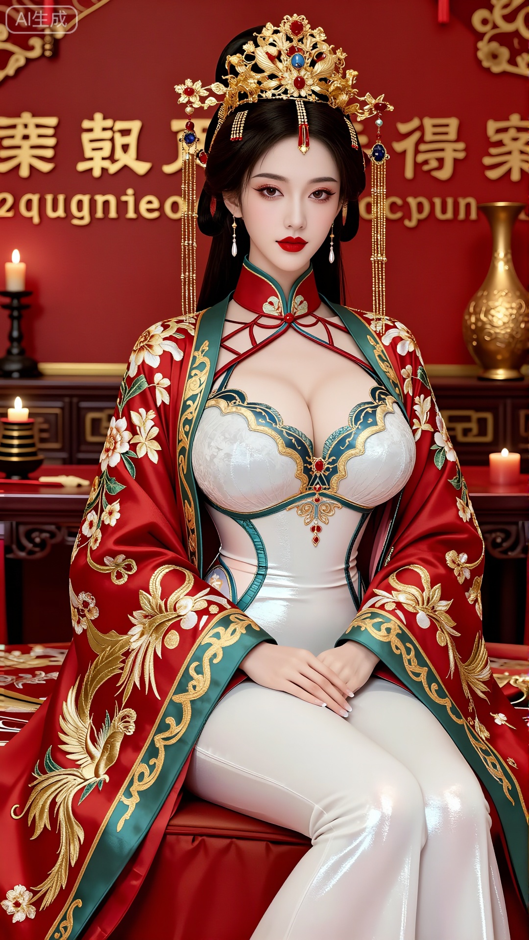 一位穿着华丽的中国传统服装的女士坐在室内。她的服装是一件华丽的红色长袍,  上面装饰着复杂的金色刺绣,  以花卉和凤凰图案为特色。长袍边缘有绿色镶边 on Tensor.Art