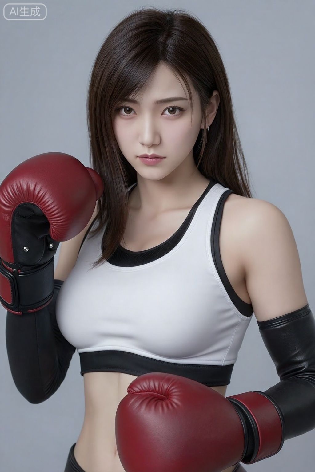 这是一张二十岁出头的亚洲女性的高质量照片,她扮演电子游戏“最终幻想VII”中的蒂法·洛克哈特。她有一头深棕色直发,刘海侧分,皮肤白皙。她穿着一件带有黑色镶边的白色无袖运动上衣,突出了她中等大小的乳房。她戴着长及肘部的黑色手套,还有一只带有金属饰钉的红黑相间的大格斗手套。她表情中立,直视镜头。背景是朴素的浅灰色,将焦点吸引到她身上。图像具有柔和、专业的灯光,